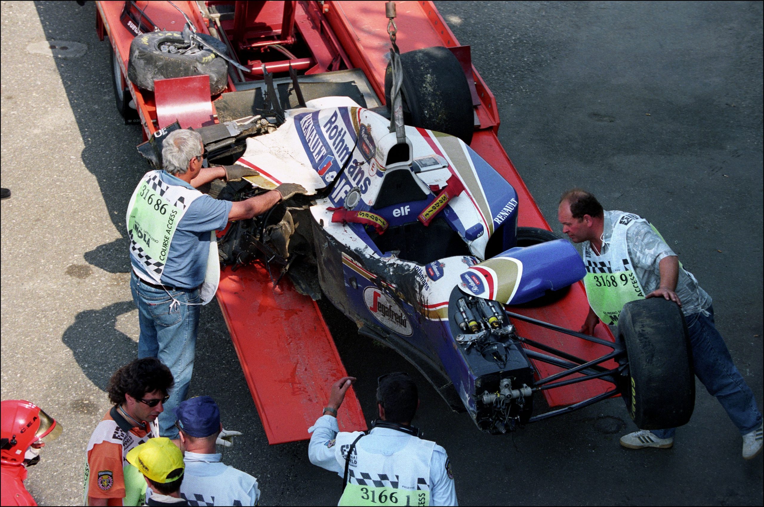 The destroyed car of Ayrton Senna after his crash during the 1994 San Marino Grand Prix in Imola, Italy on May 01, 1994. (Photo by Jean-Marc LOUBAT/Gamma-Rapho via Getty Images)