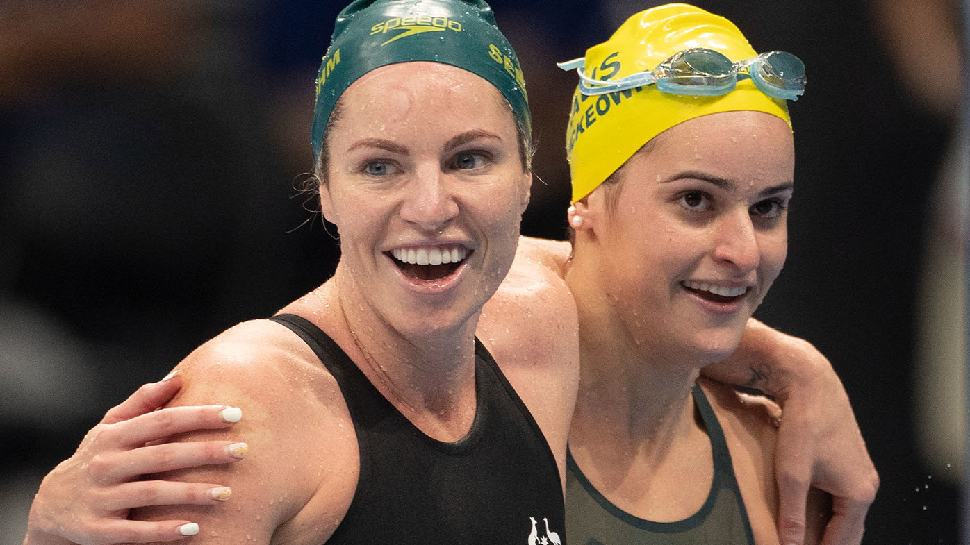 Emily Seebohm (left) and Kaylee McKeown at the Tokyo Olympics in 2021.