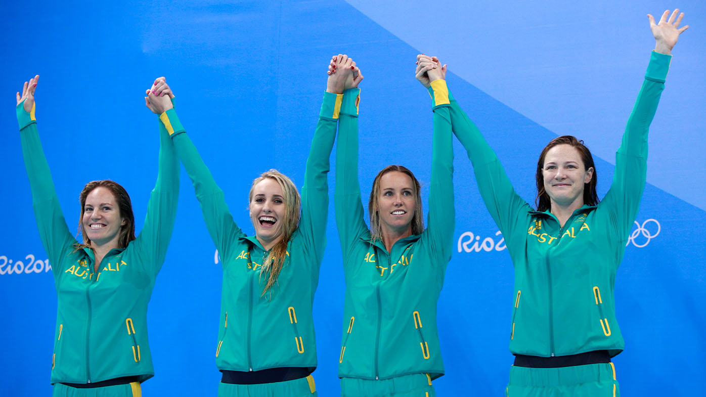 Emily Seebohm (left) celebrating winning 4x100m freestyle relay gold at the Rio 2016 Olympics.