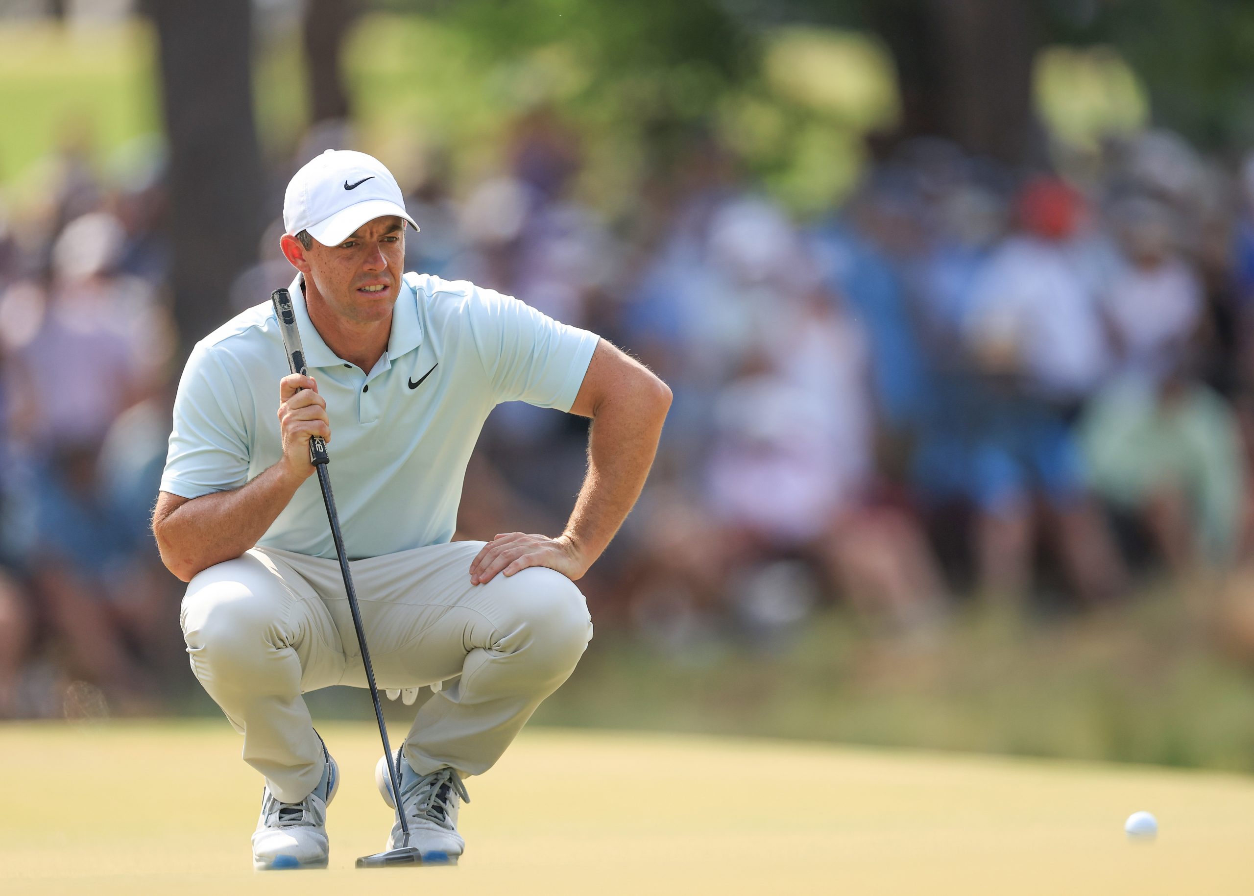 Rory McIlroy of Northern Ireland lines up a putt on the 10th hole during the final round of the 2024 U.S. Open Championship on the No.2 Course at The Pinehurst Resort on June 16, 2024 in Pinehurst, North Carolina. (Photo by David Cannon/Getty Images)