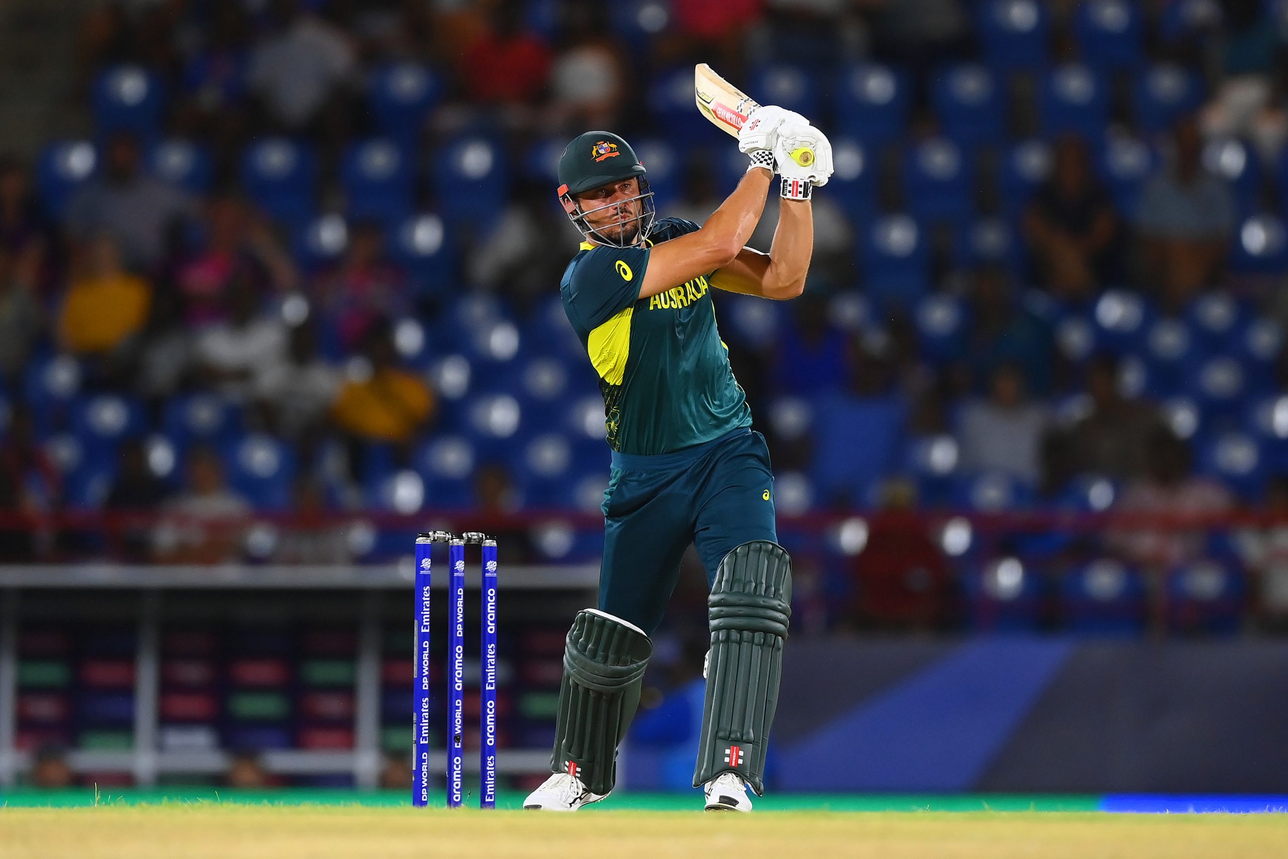 Marcus Stoinis of Australia bats during the ICC Men's T20 Cricket World Cup West Indies & USA 2024 match between Australia and Scotland at Daren Sammy National Cricket Stadium on June 15, 2024 in Gros Islet, Saint Lucia. (Photo by Alex Davidson-ICC/ICC via Getty Images)