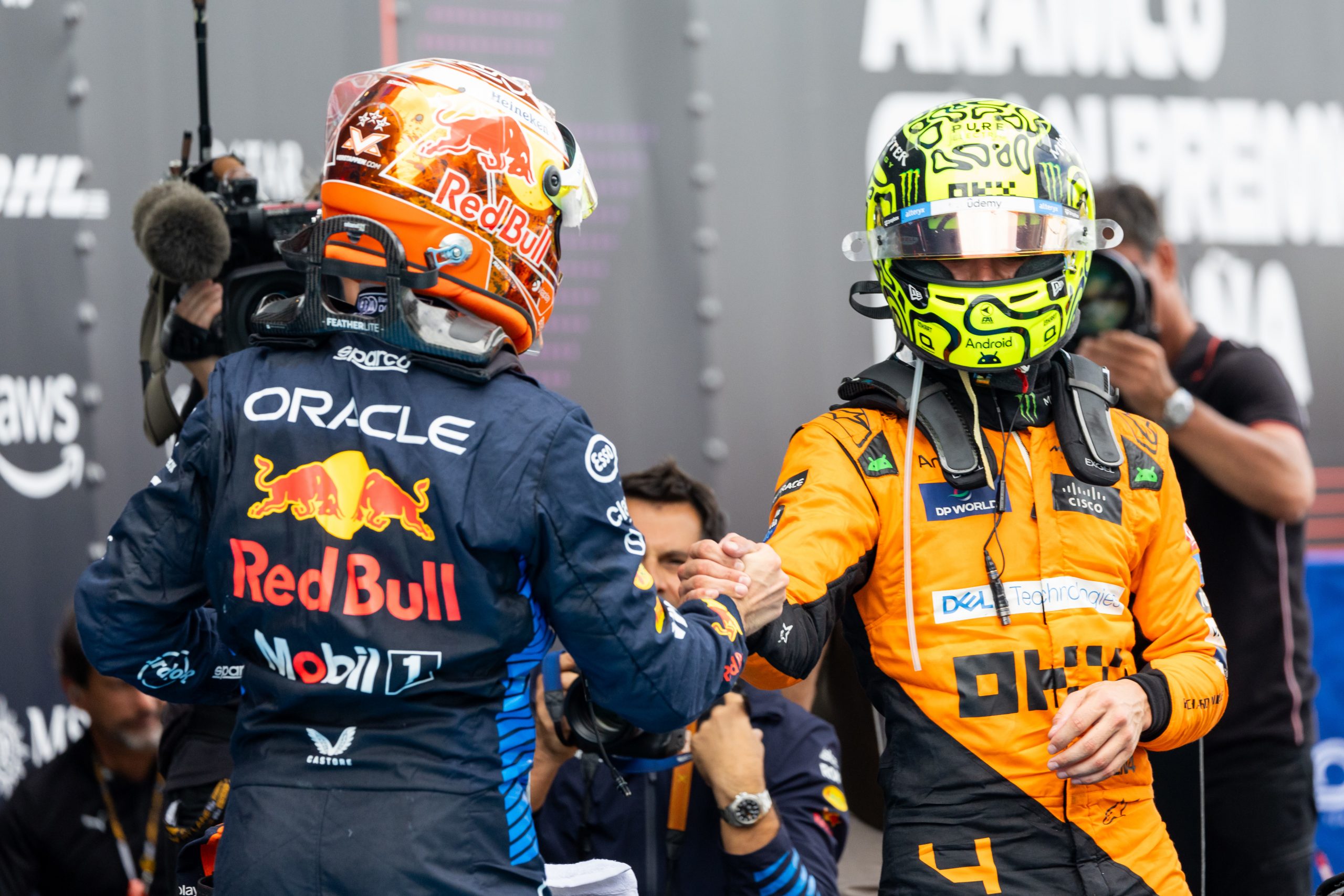 Max Verstappen (1) of Netherlands and team Oracle Red Bull Racing congratulates Lando Norris (4) of United Kingdom and team McLaren F1 Team after the Formula 1 Spanish Grand Prix on Sunday, June 23, 2024 at the Circuit De Catalunya in Barcelona, Spain. (Photo by Bob Kupbens/Icon Sportswire)