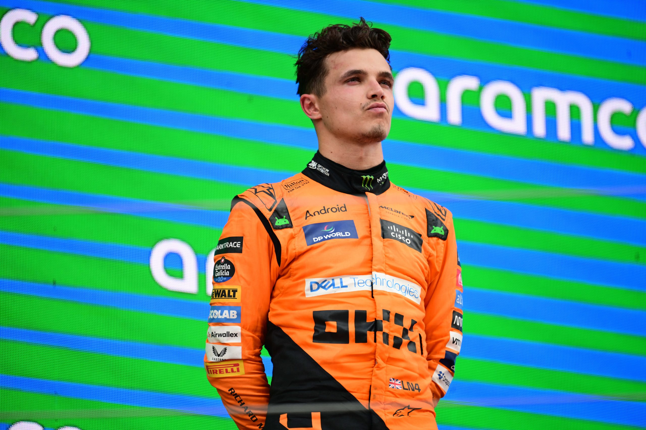 Lando Norris and the McLaren F1 Team are celebrating after securing 2nd place in the race of the Spanish GP, the 10th round of the Formula 1 World Championship 2024, in Circuit de Catalunya, Montemelo, Catalunya, Spain, on June 23, 2023. (Photo by Andrea Diodato/NurPhoto via Getty Images)