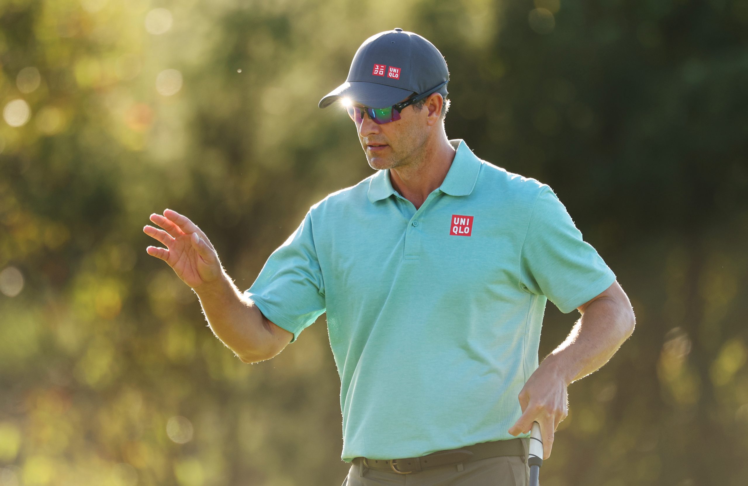 Adam Scott of Australia celebrates making a birdie on the 10th green.