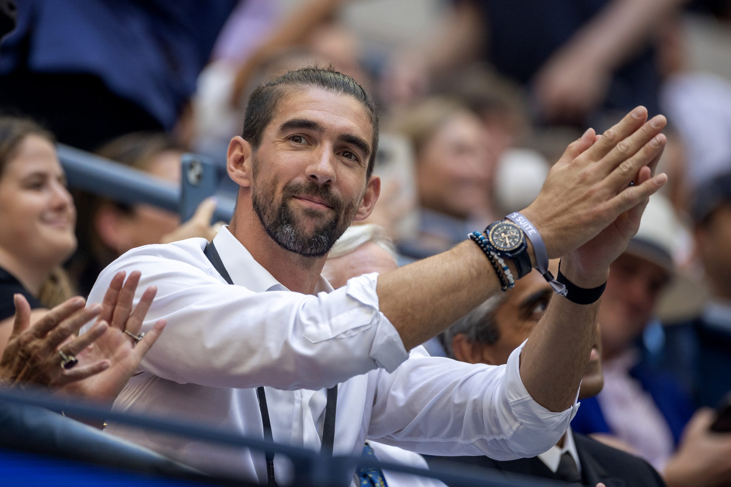 NEW YORK, USA:  September 6:  Swimming legend Michael Phelps on Arthur Ashe Stadium during the US Open Tennis Championship 2023 at the USTA National Tennis Centre on September 6th, 2023 in Flushing, Queens, New York City.  (Photo by Tim Clayton/Corbis via Getty Images)