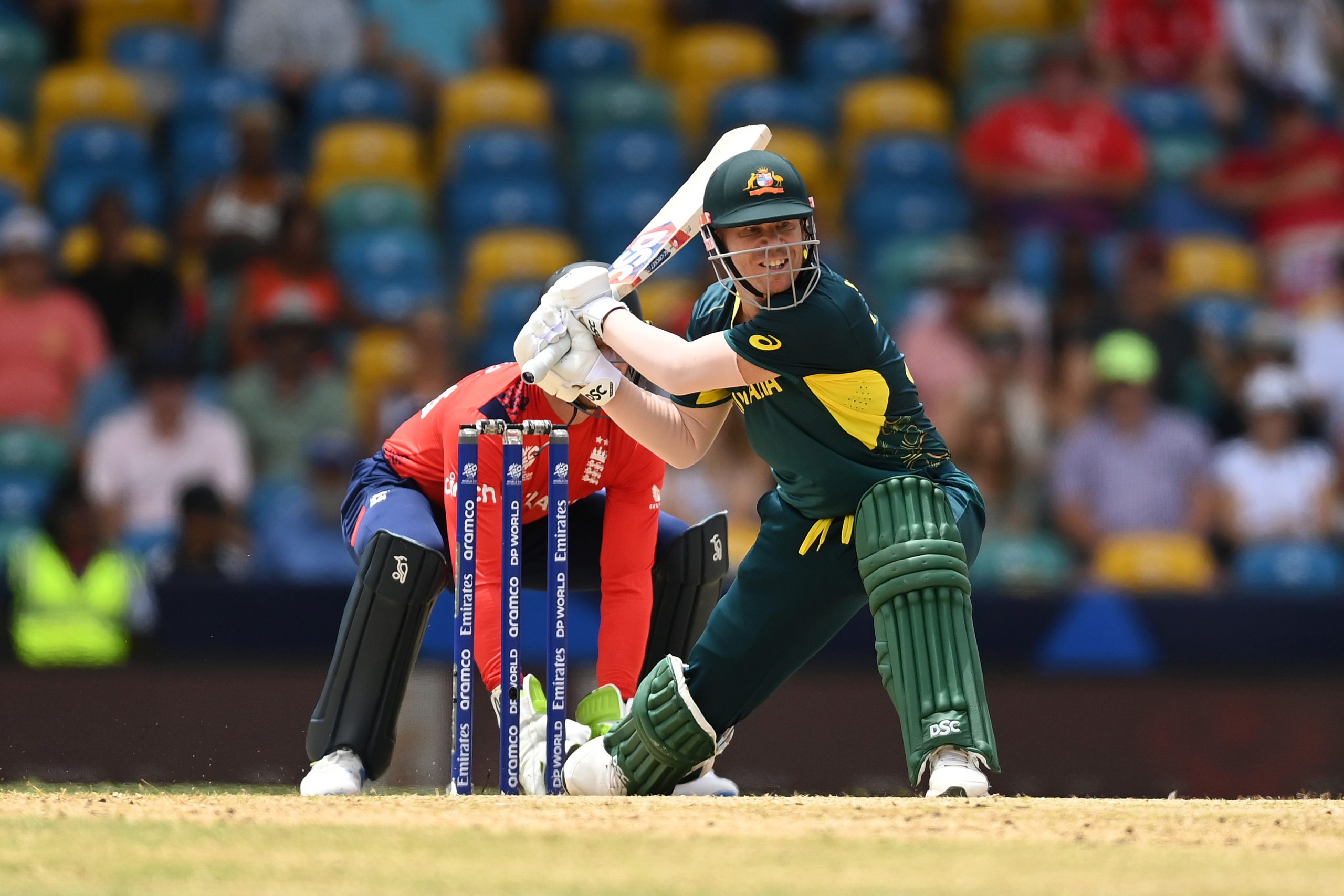 David Warner of Australia bats during the ICC Men's T20 Cricket World Cup West Indies & USA 2024 match between Australia  and England at  Kensington Oval on June 08, 2024 in Bridgetown, Barbados. (Photo by Gareth Copley/Getty Images)