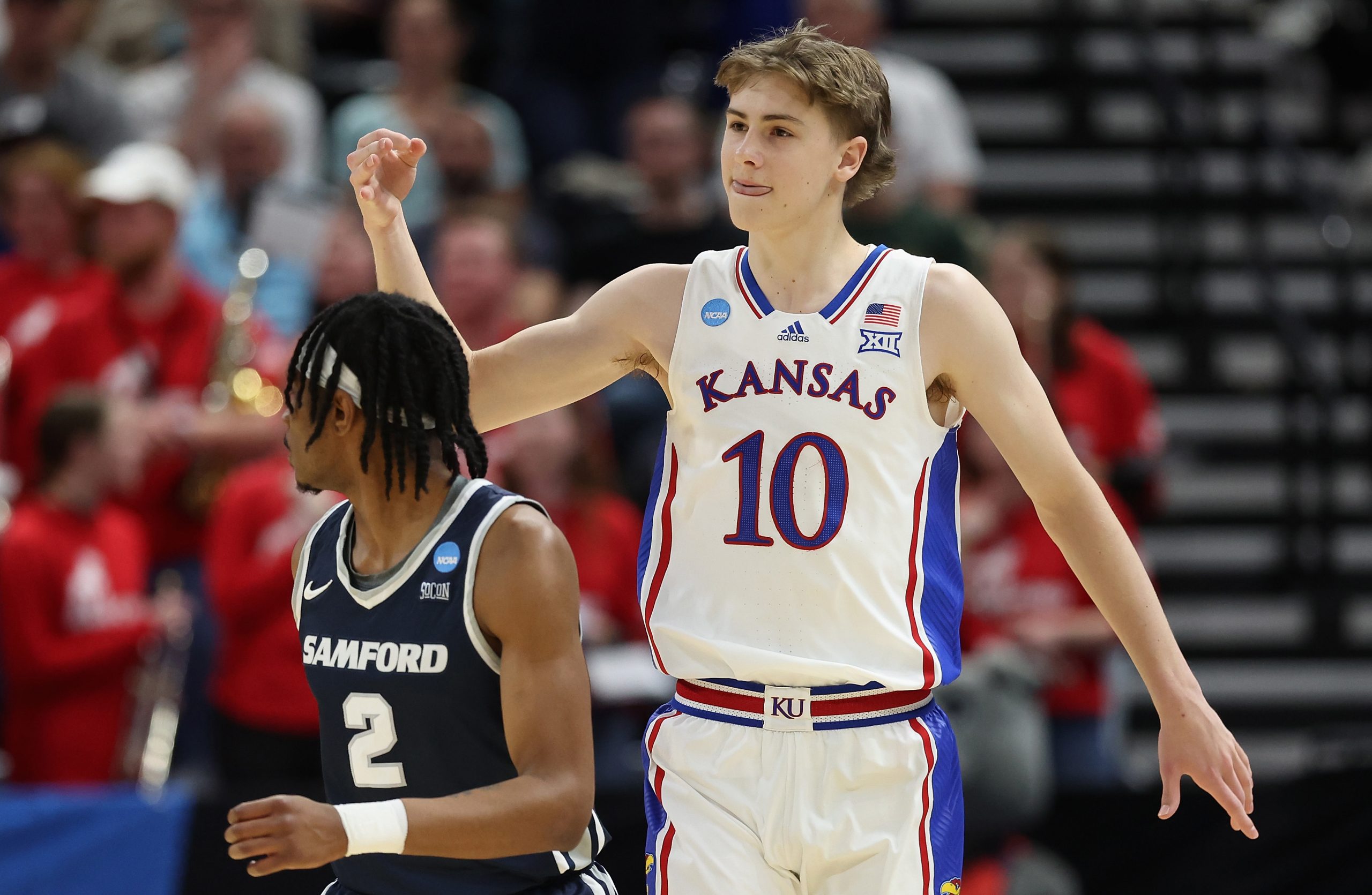 Johnny Furphy of the Kansas Jayhawks celebrates after scoring.