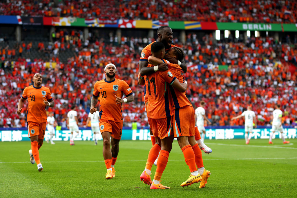 UEFA EURO 2024. Cody Gakpo celebrates scoring his team's first goal with Xavi Simons and Lutsharel Geertruida.