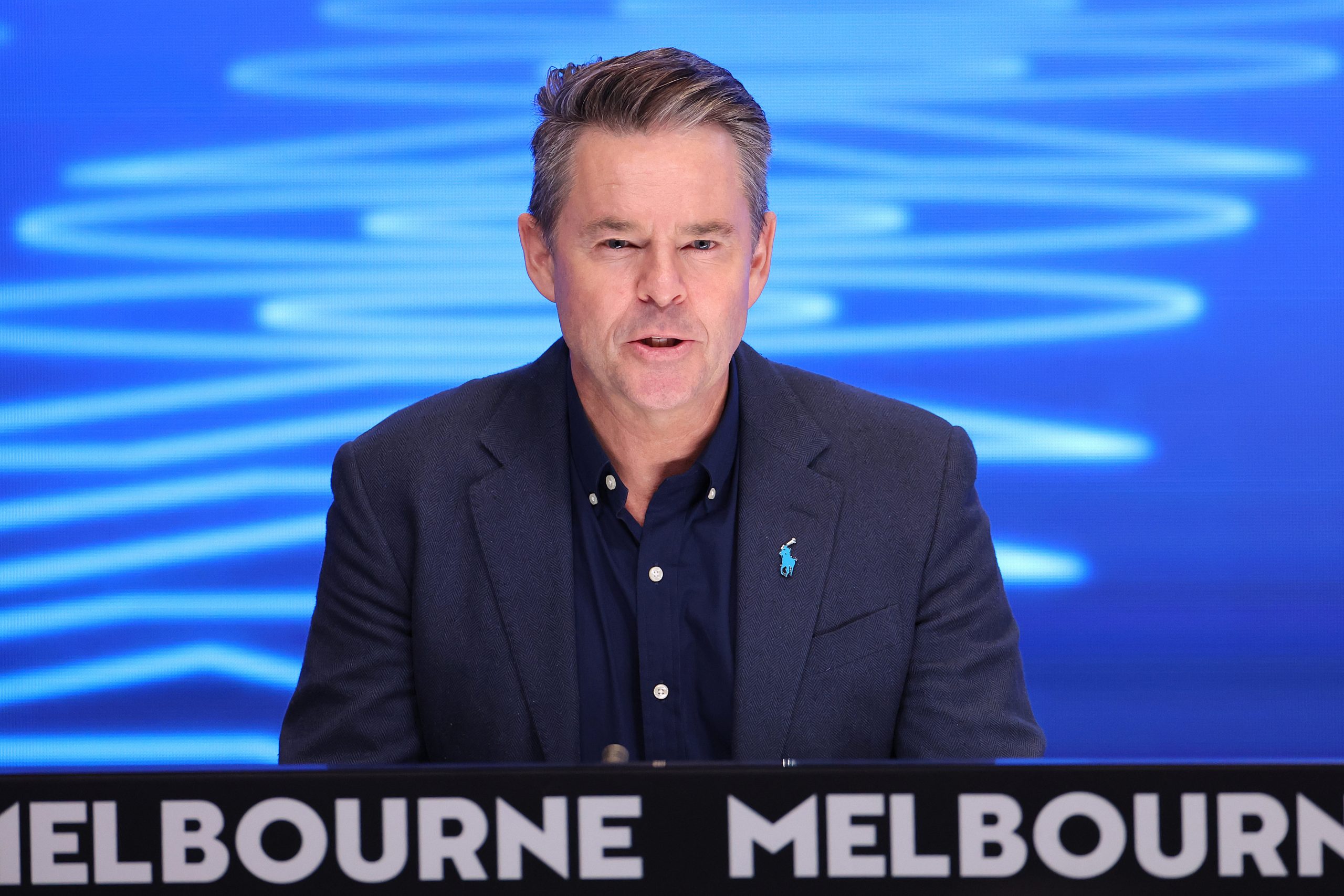 Todd Woodbridge speaks during the official draw ahead of the 2024 Australian Open at Melbourne Park on January 11, 2024 in Melbourne, Australia. (Photo by Kelly Defina/Getty Images)