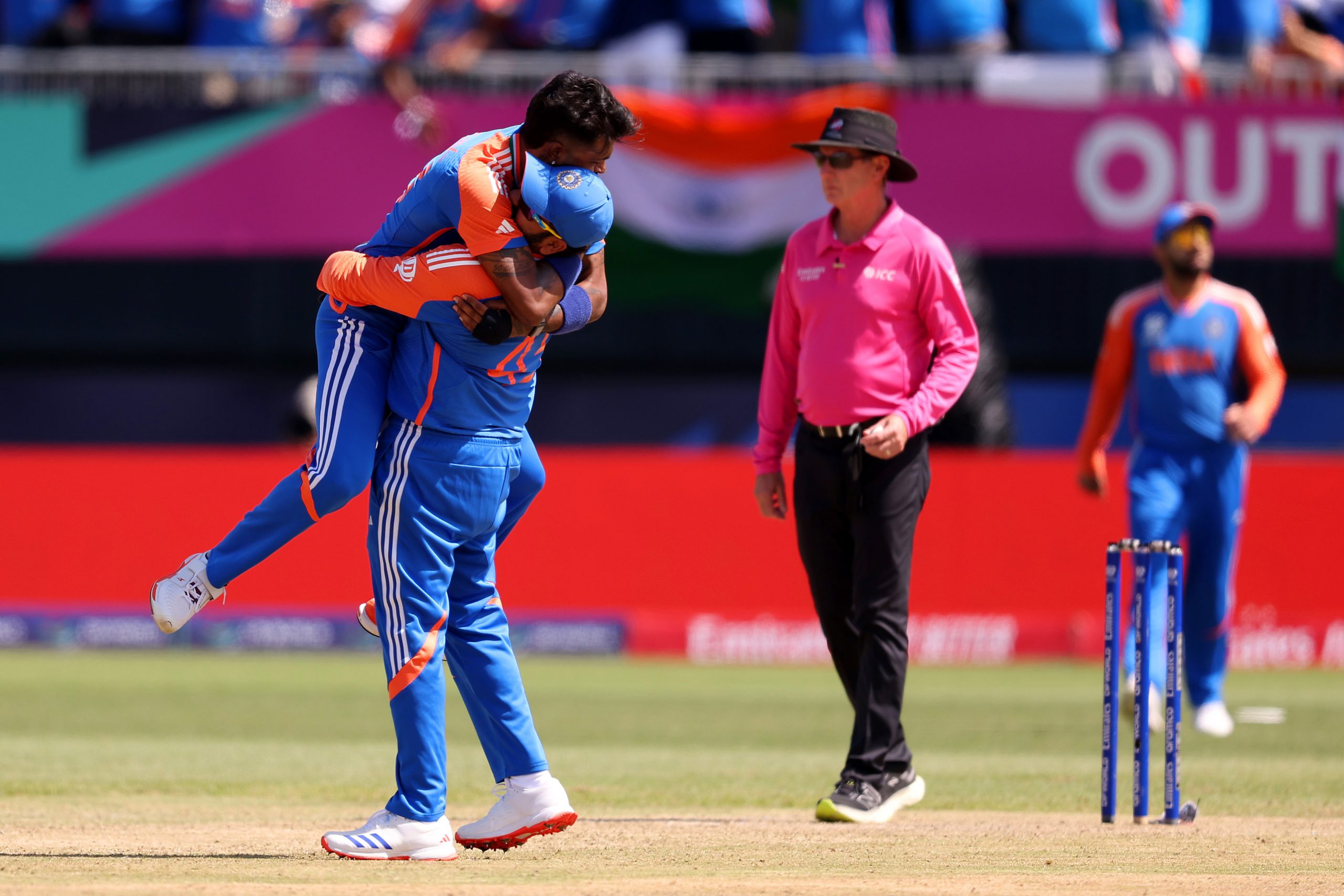 Hardik Pandya and Rohit Sharma of India react during the ICC Men's T20 Cricket World Cup West Indies & USA 2024 match between India and Pakistan at Nassau County International Cricket Stadium on June 09, 2024 in New York, New York. (Photo by Robert Cianflone/Getty Images)