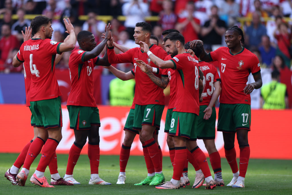 UEFA EURO 2024 group stage match between Turkiye and Portugal. Cristiano Ronaldo celebrates his team's second goal.