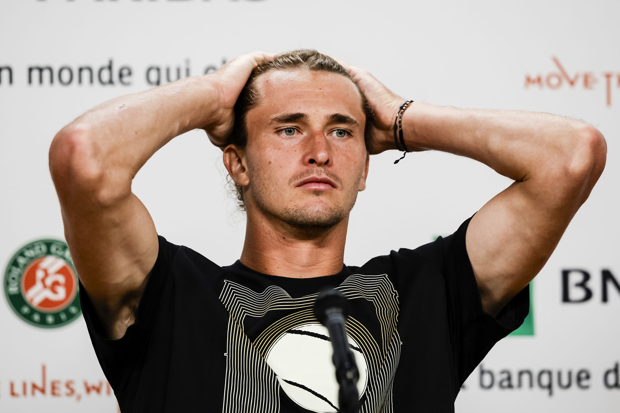 Alexander Zverev of Germany talks during a press conference at Roland-Garros.