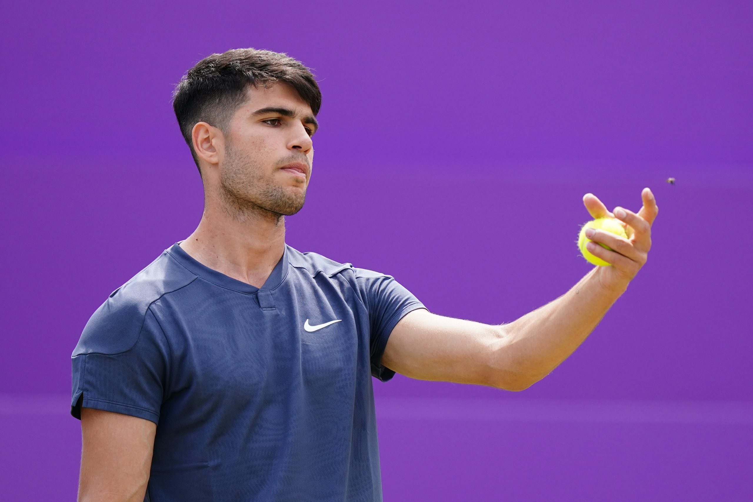 Carlos Alcaraz is distracted by an insect during his match against Jack Draper (not pictured) on day six of the cinch Championships at The Queen's Club, London. Picture date: Thursday June 20, 2024. (Photo by Zac Goodwin/PA Images via Getty Images)