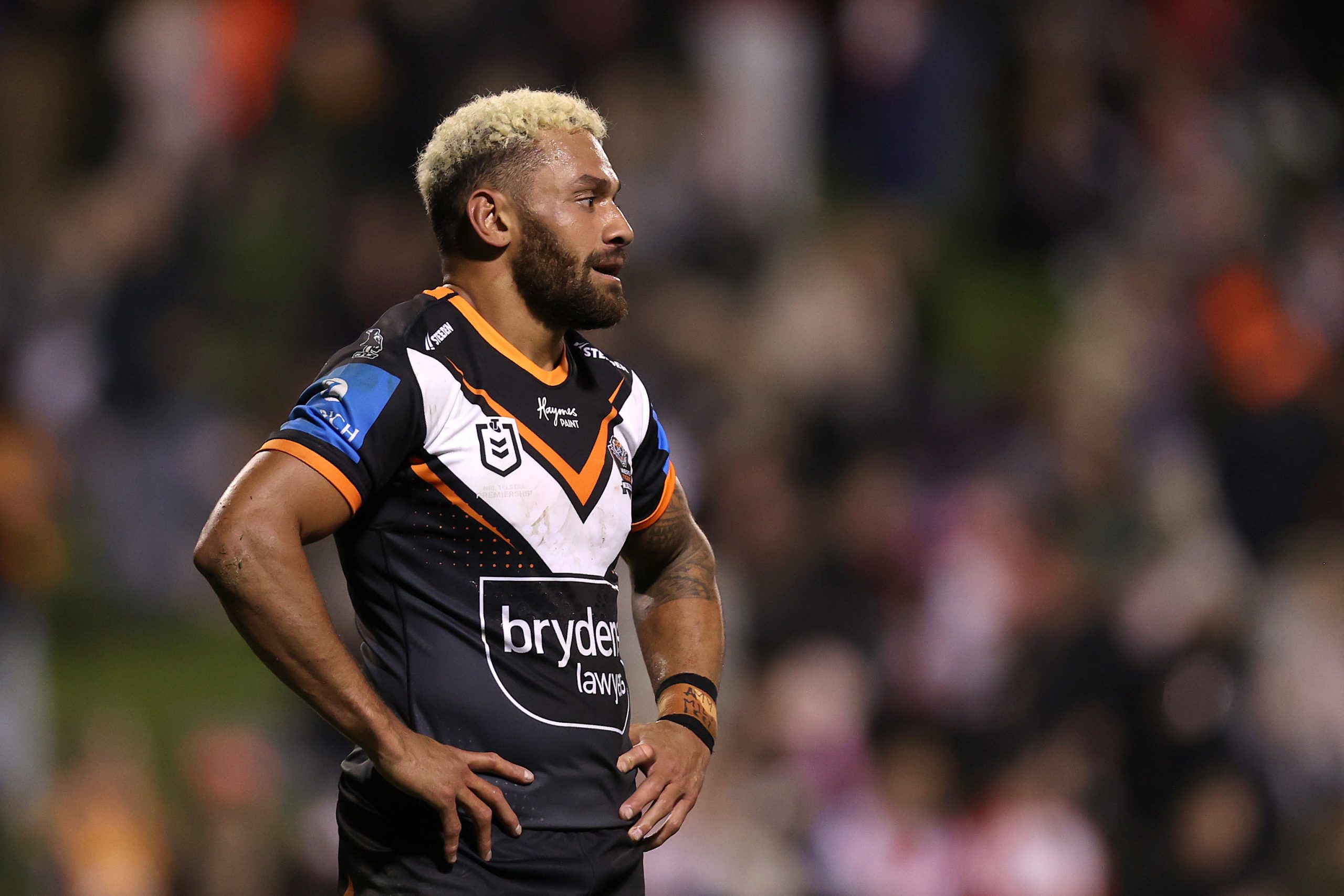 Apisai Koroisau of the Wests Tigers looks on during the round 14 NRL match between St George Illawarra Dragons and Wests Tigers at WIN Stadium on June 07, 2024, in Wollongong, Australia. (Photo by Jason McCawley/Getty Images)