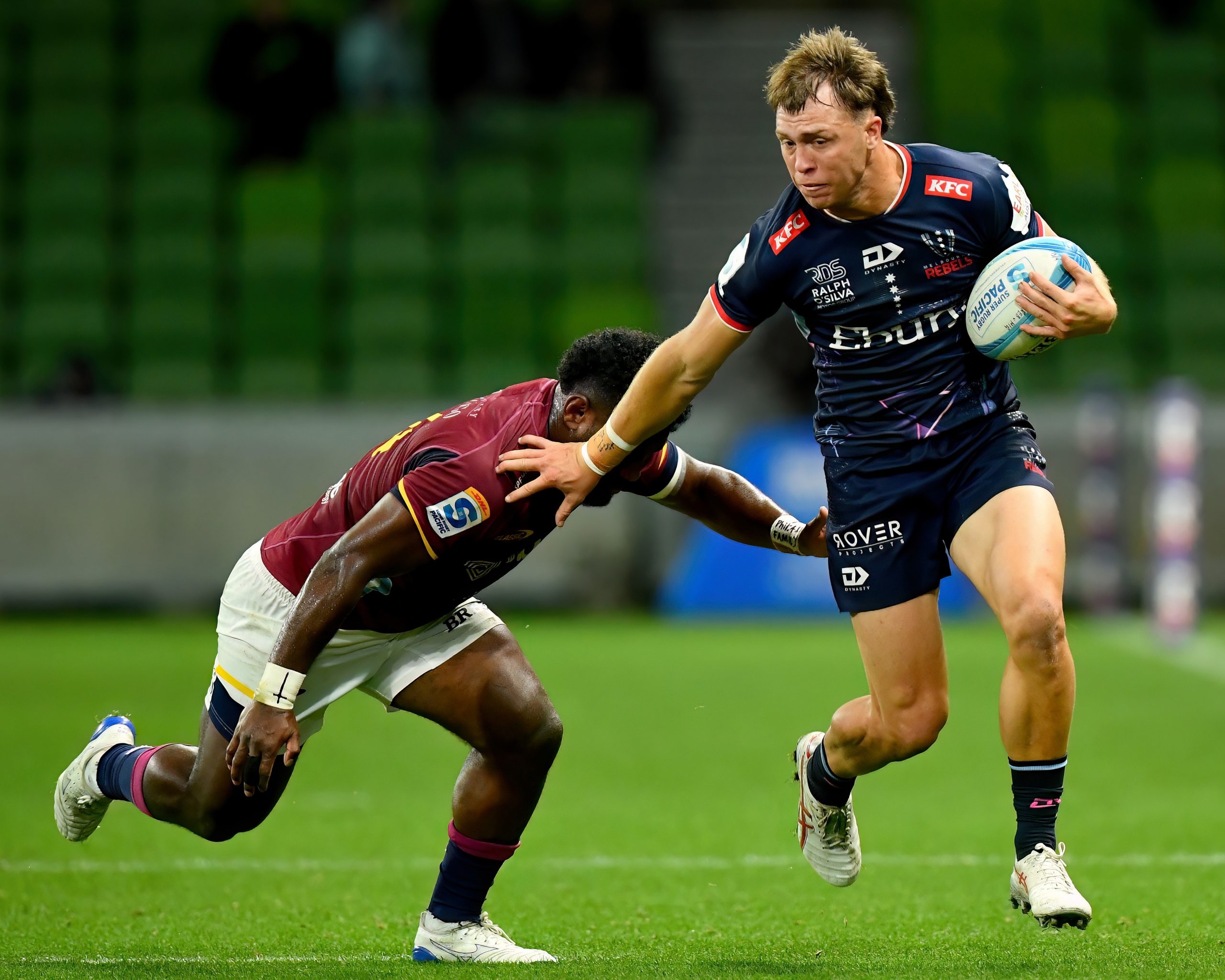 Darby Lancaster of the Rebels makes a break to score a try during the round eight Super Rugby Pacific.