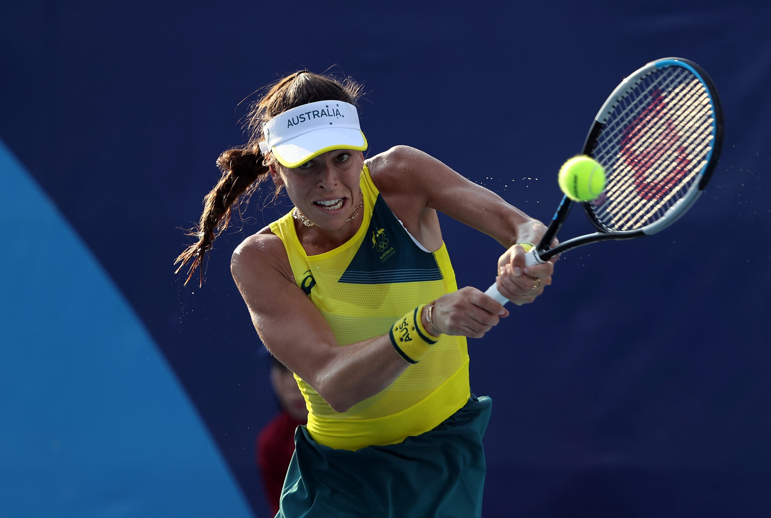 Ajla Tomljanovic of Team Australia plays a backhand during her Women's Singles First Round match against Yaroslava Shvedova of Team Kazakhstan on day two of the Tokyo 2020 Olympic Games at Ariake Tennis Park on July 25, 2021 in Tokyo, Japan. (Photo by Clive Brunskill/Getty Images)