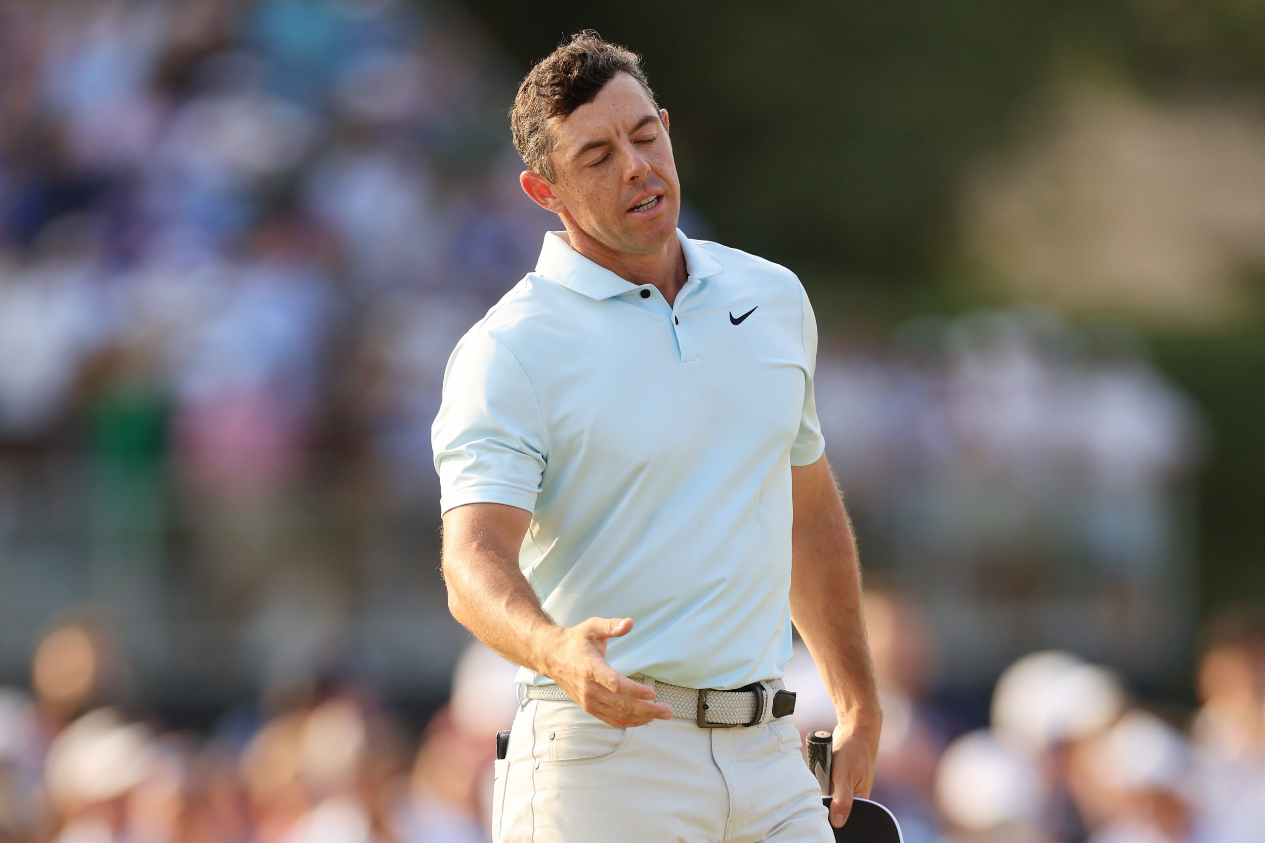 Rory McIlroy of Northern Ireland reacts after finishing the final round of the 124th U.S. Open at Pinehurst Resort on June 16, 2024 in Pinehurst, North Carolina. (Photo by Sean M. Haffey/Getty Images)