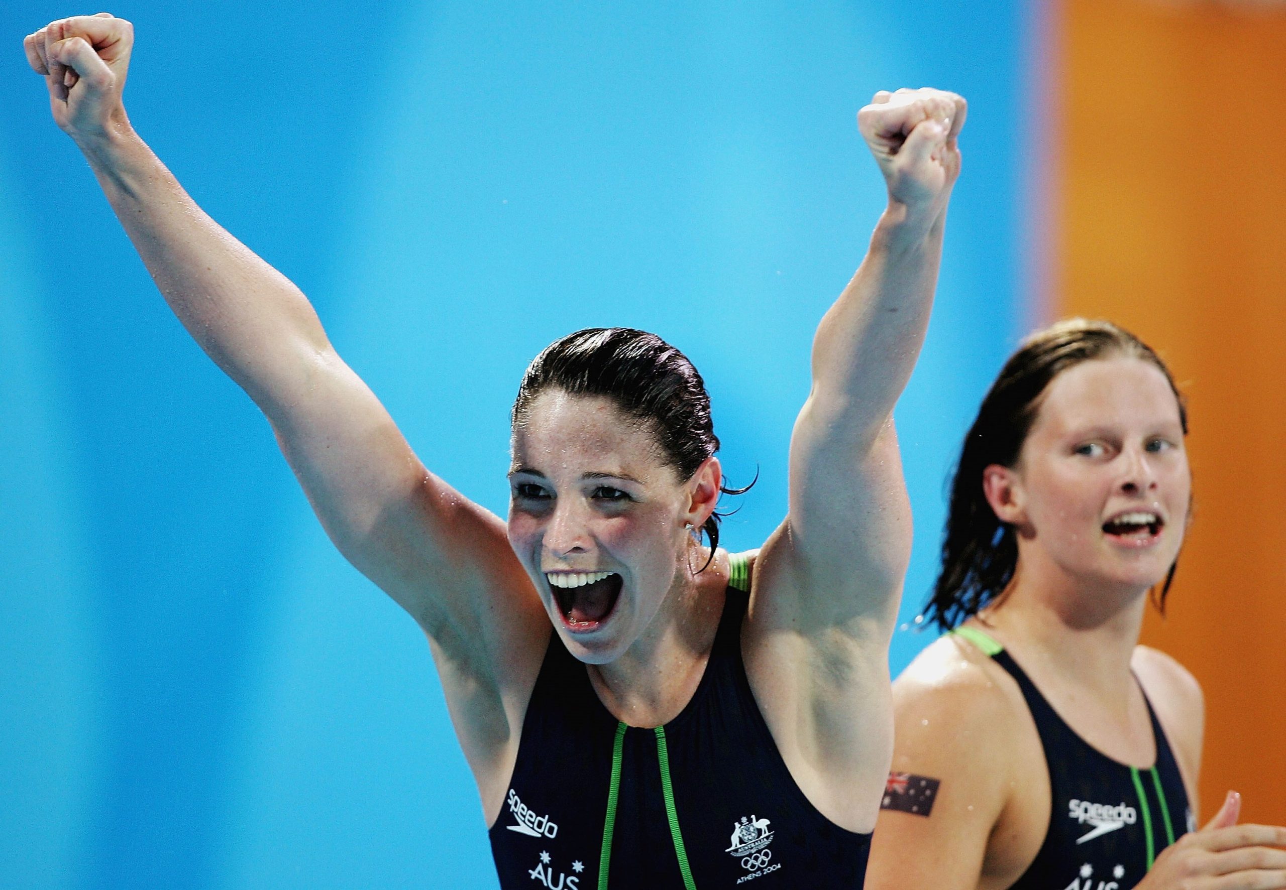 Giaan Rooney, pictured celebrating relay gold at Athens 2004, says she's glad she retired in 2006 because she avoided facing an exceptional 14-year-old called Emily Seebohm.