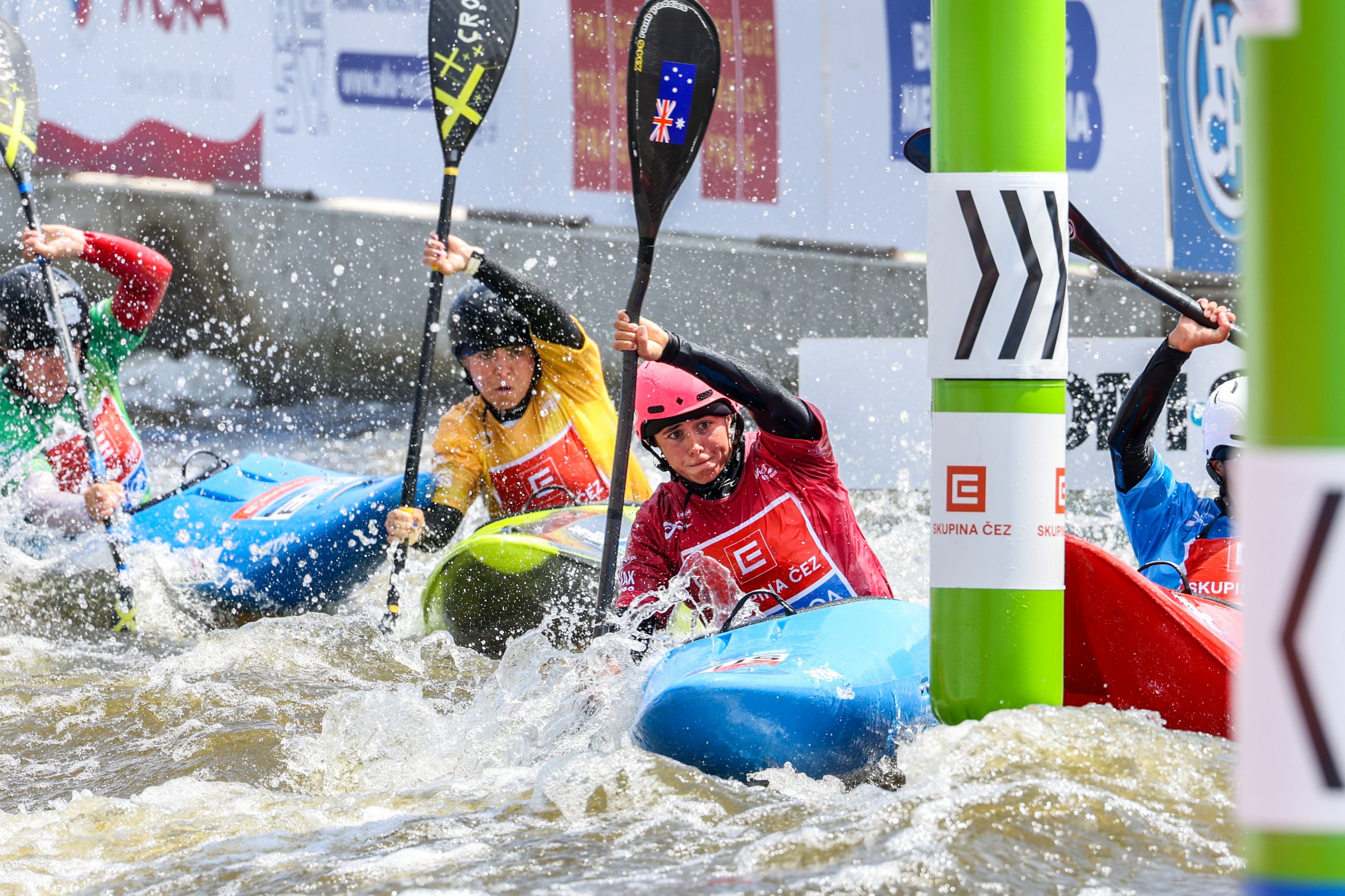 Noemie Fox (red) booked her spot in the Paris Olympics after securing a quota position in the kayak cross discipline by winning silver in the final world cup meeting before the Games in Prague.