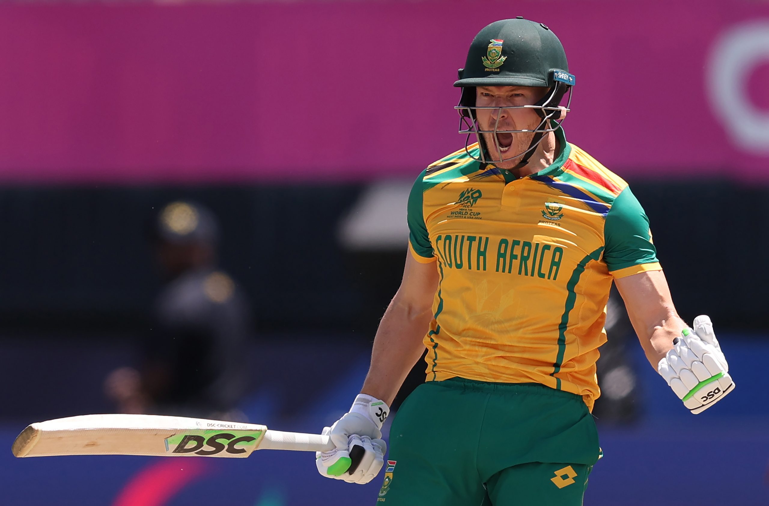 David Miller of South Africa celebrates following the team's victory in the ICC Men's T20 Cricket World Cup West Indies & USA 2024 match between Netherlands  and South Africa at  Nassau County International Cricket Stadium on June 08, 2024 in New York, New York. (Photo by Robert Cianflone/Getty Images)