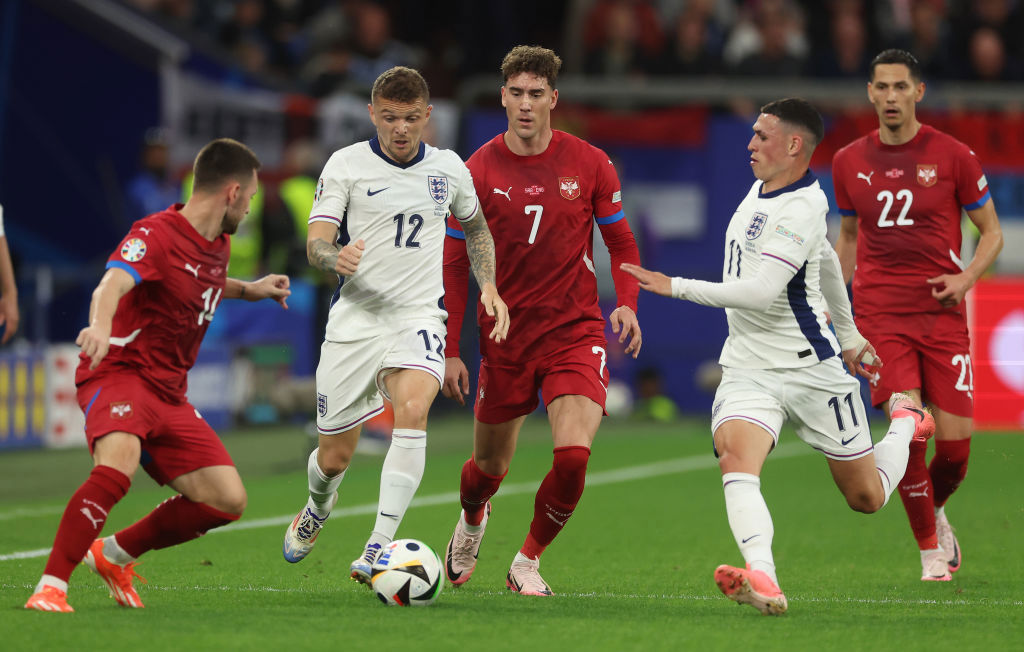 Kieran Trippier and Phil Foden attacking ; England v Serbia Euros 2024