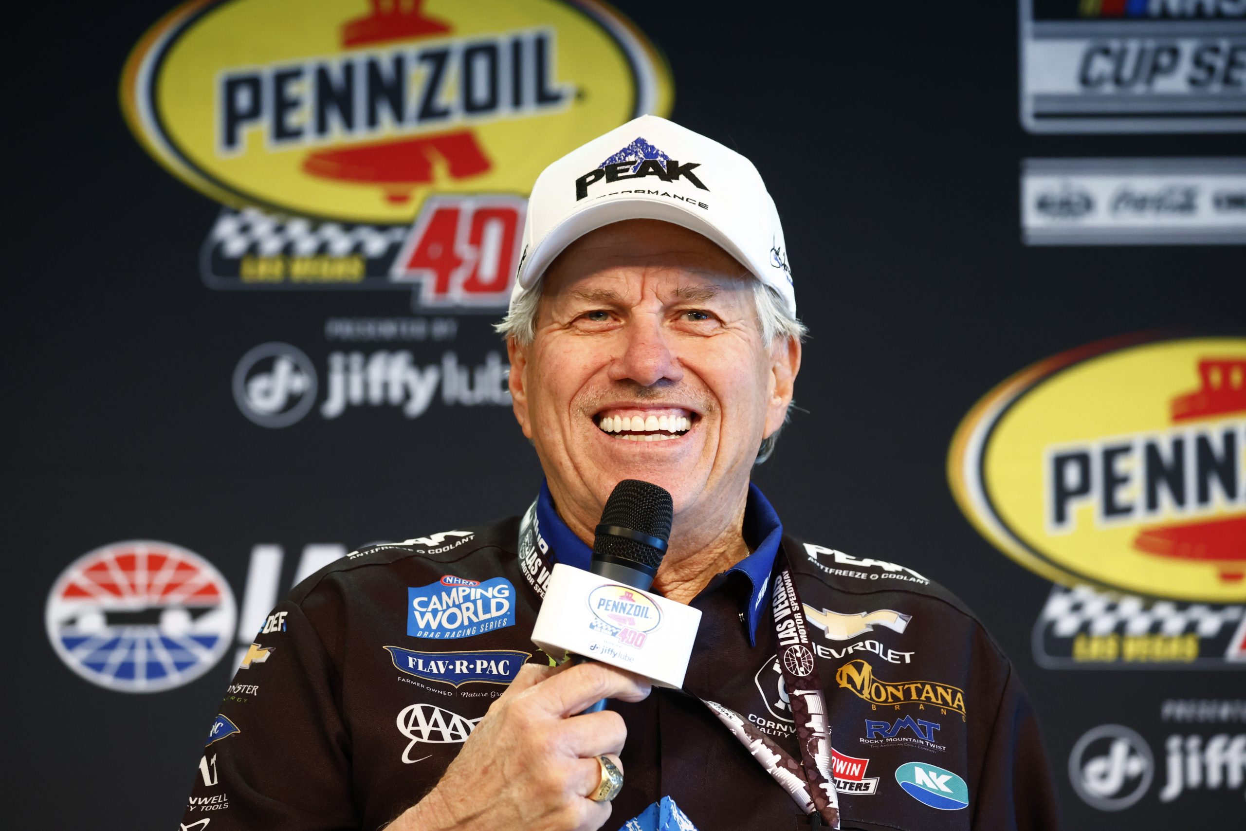 NHRA legend John Force speaks with members of the media before the Pennzoil 400 presented by Jiffy Lube NASCAR Cup Series race on March 3, 2024, at Las Vegas Motor Speedway in Las Vegas, NV. (Photo by Jeff Speer/LVMS/Icon Sportswire via Getty Images)