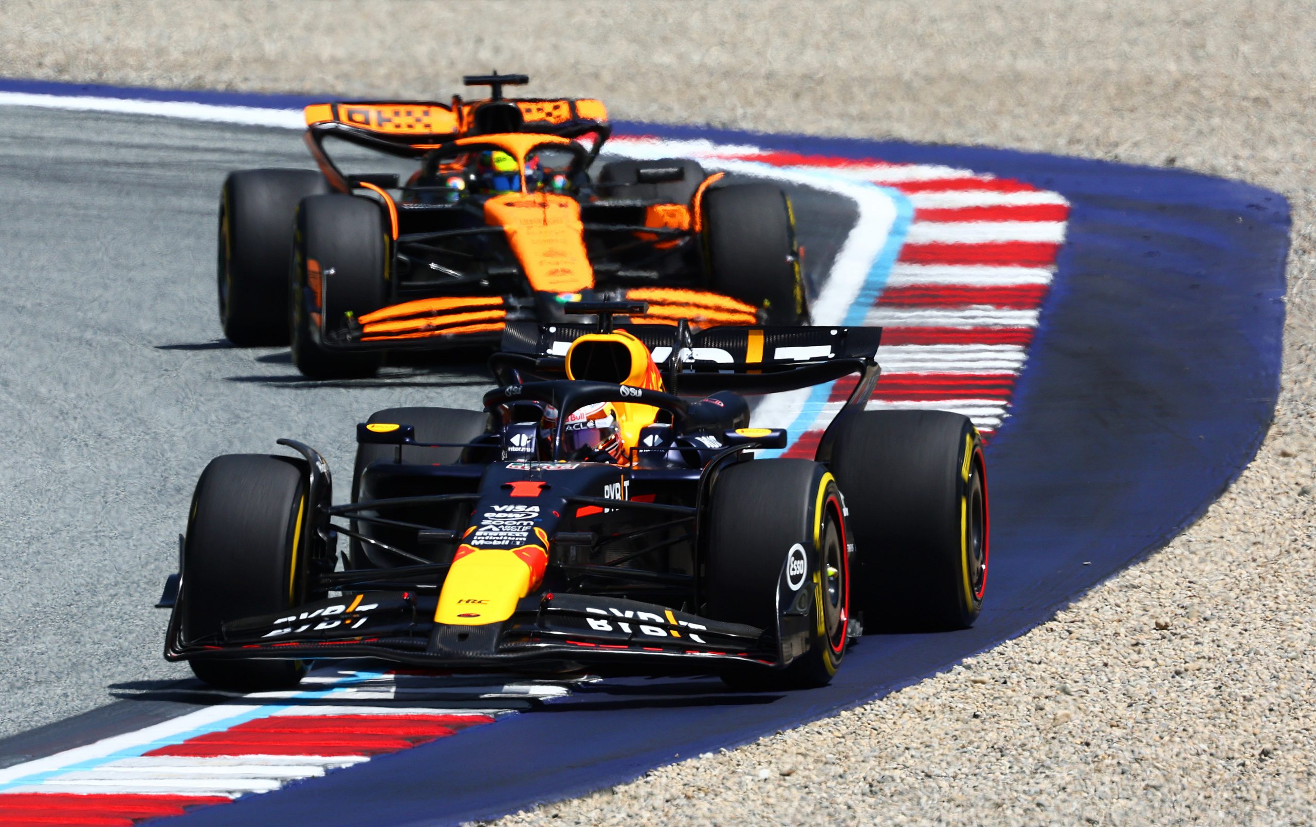 Max Verstappen of the Netherlands driving the (1) Oracle Red Bull Racing RB20 leads Oscar Piastri of Australia driving the (81) McLaren MCL38 Mercedes during the Sprint ahead of the F1 Grand Prix of Austria at Red Bull Ring on June 29, 2024 in Spielberg, Austria. (Photo by Clive Rose/Getty Images)