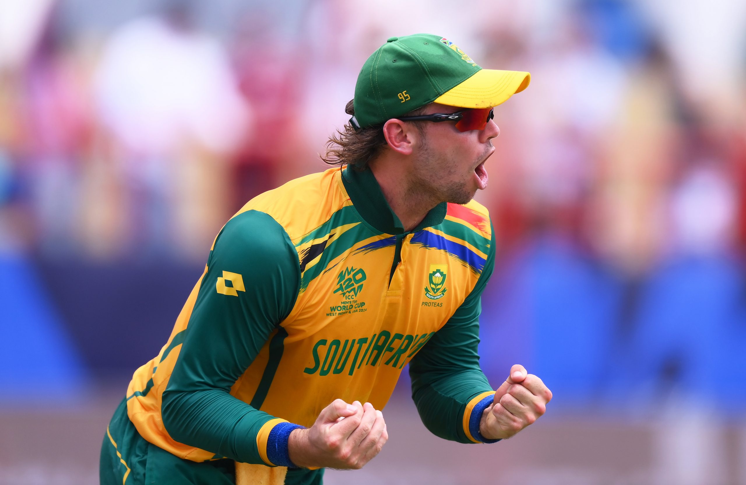 Tristan Stubbs of South Africa celebrates the wicket of Liam Livingstone of England.