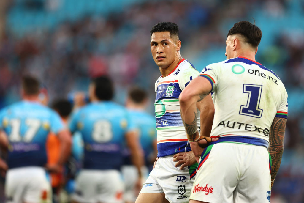 Roger Tuivasa-Sheck of the Warriors looks on during the round 16 NRL match between Gold Coast Titans and New Zealand Warriors at Cbus Super Stadium, on June 22, 2024, in Gold Coast, Australia. (Photo by Chris Hyde/Getty Images)