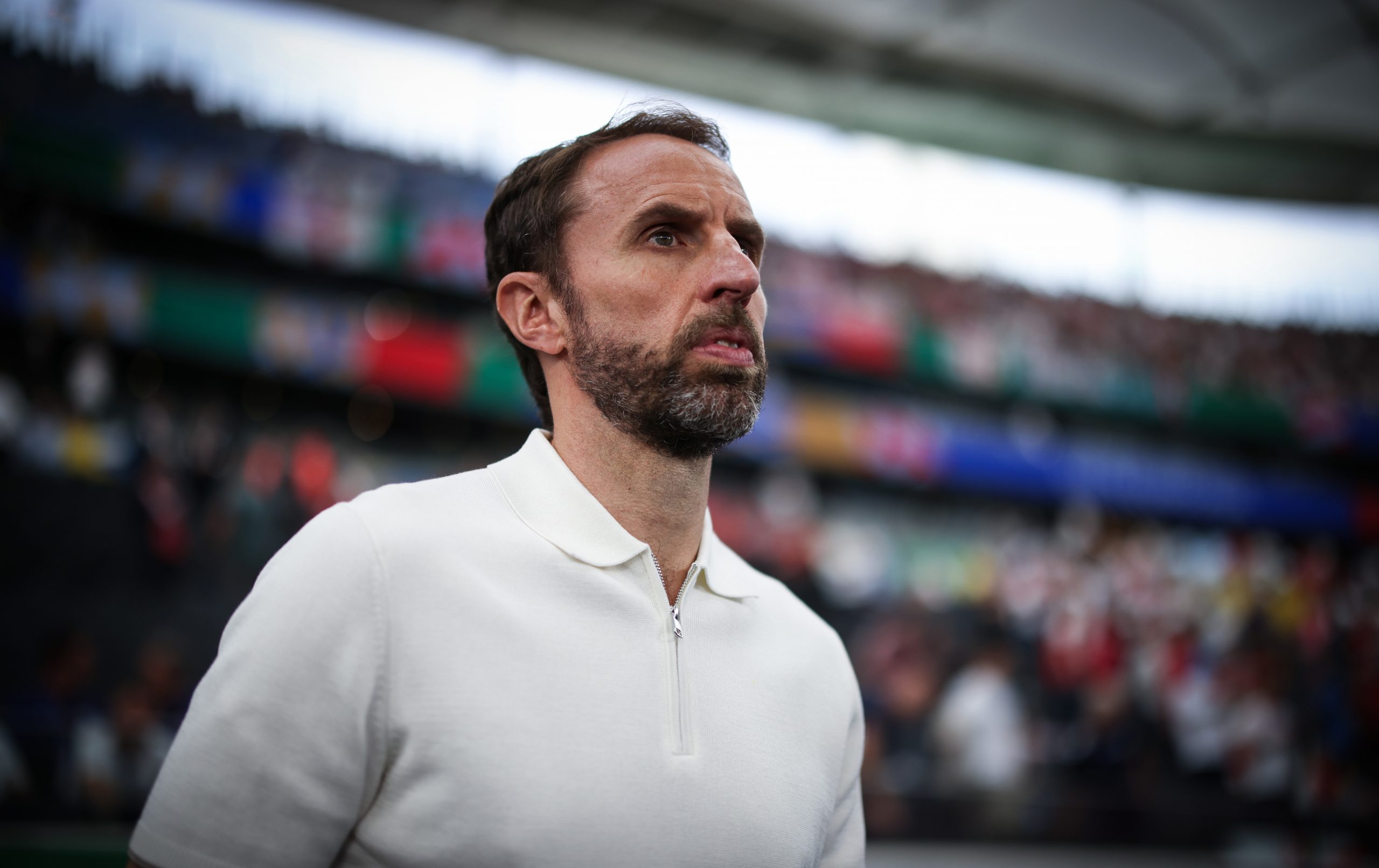 Gareth Southgate, Head Coach of England, reactsduring the UEFA EURO 2024 group stage match between Denmark and England at Frankfurt Arena on June 20, 2024 in Frankfurt am Main, Germany. (Photo by Ryan Pierse - UEFA/UEFA via Getty Images)