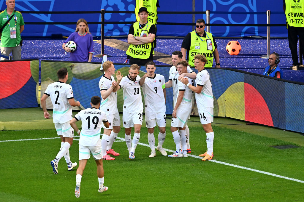 Marcel Sabitzer celebrates scoring his team's third goal. UEFA EURO 2024