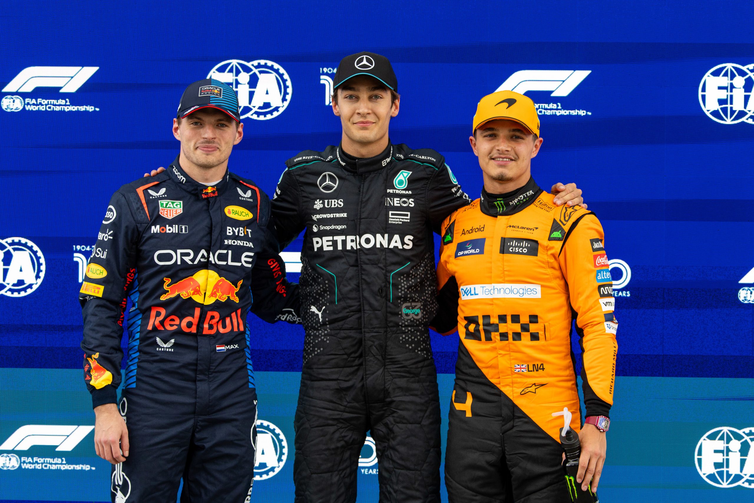 George Russell of Great Britain and Mercedes, Lando Norris of Great Britain and McLaren and Max Verstappen of Netherlands and Oracle Red Bull Racing pose for a phot after qualifying ahead of the F1 Grand Prix of Canada at Circuit Gilles Villeneuve on June 8, 2024 in Montreal, Canada. (Photo by Kym Illman/Getty Images)