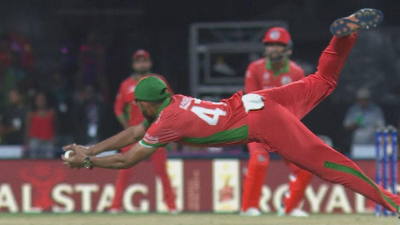 Glenn Maxwell was out first ball in Australia's T20 World Cup opener against Oman after a screaming catch from Aqib Ilyas.