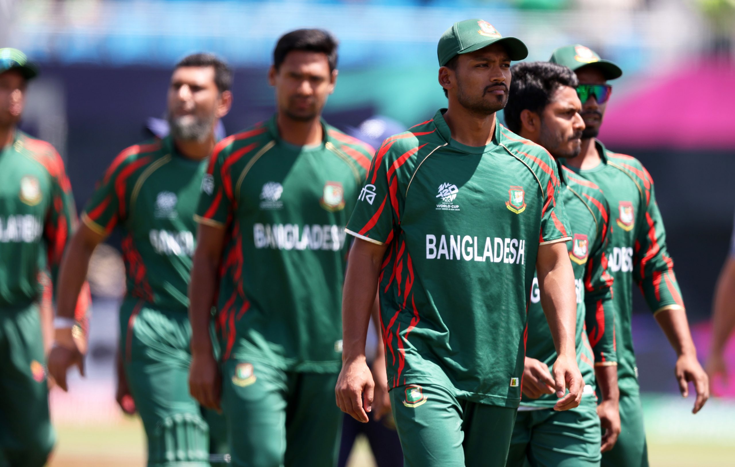 Players of Bangladesh cut dejected figures following the ICC Men's T20 Cricket World Cup West Indies & USA 2024 match between South Africa  and Bangladesh at  Nassau County International Cricket Stadium on June 10, 2024 in New York, New York. (Photo by Robert Cianflone/Getty Images)