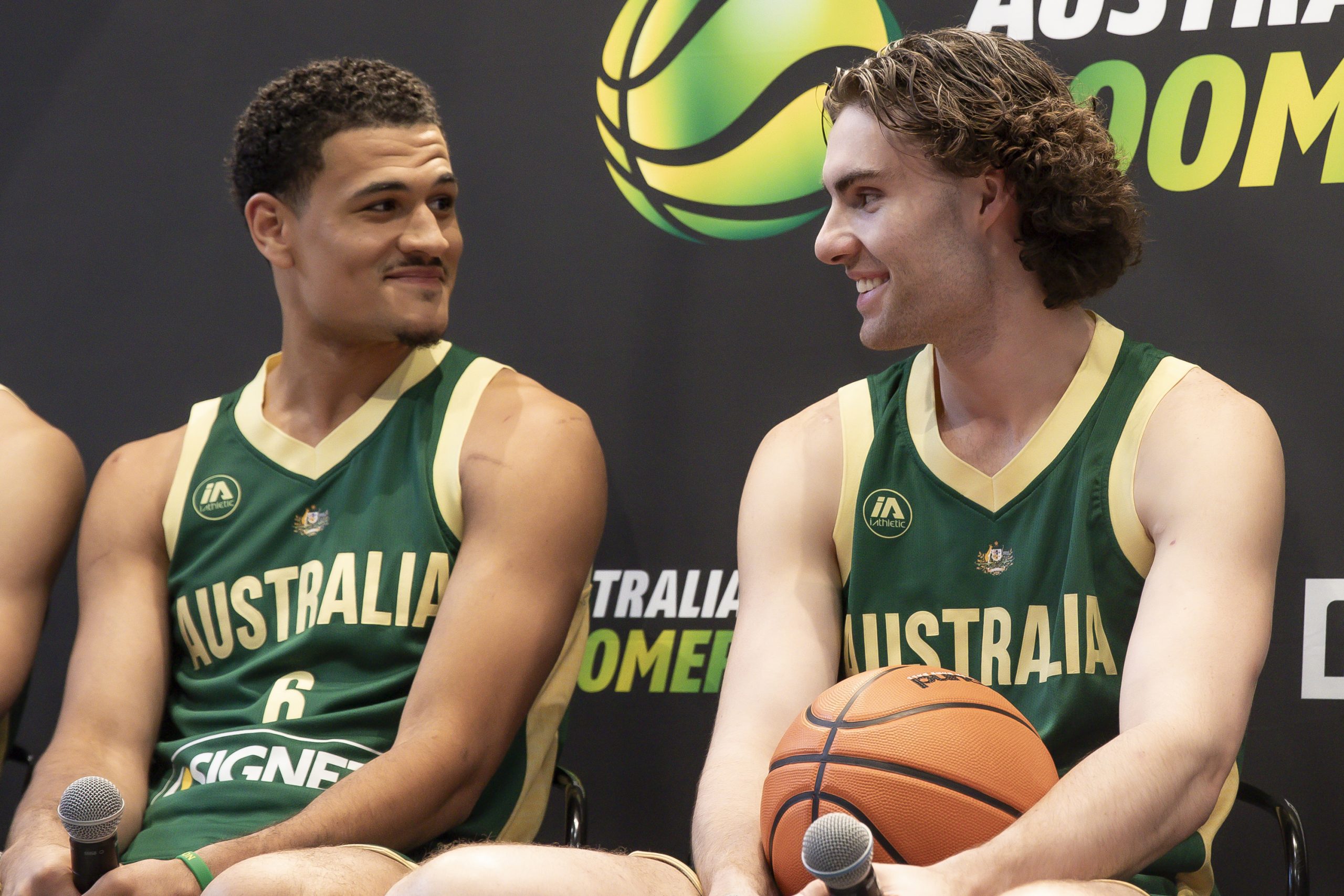 Australian Boomers players Josh Green and Josh Giddey attends a press-conference at Foot Locker in Melbourne.