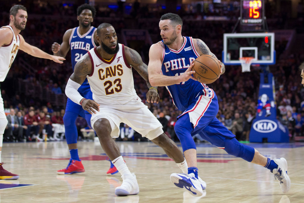 Wells Fargo Center on November 27, 2017. LeBron James defends JJ Redick.