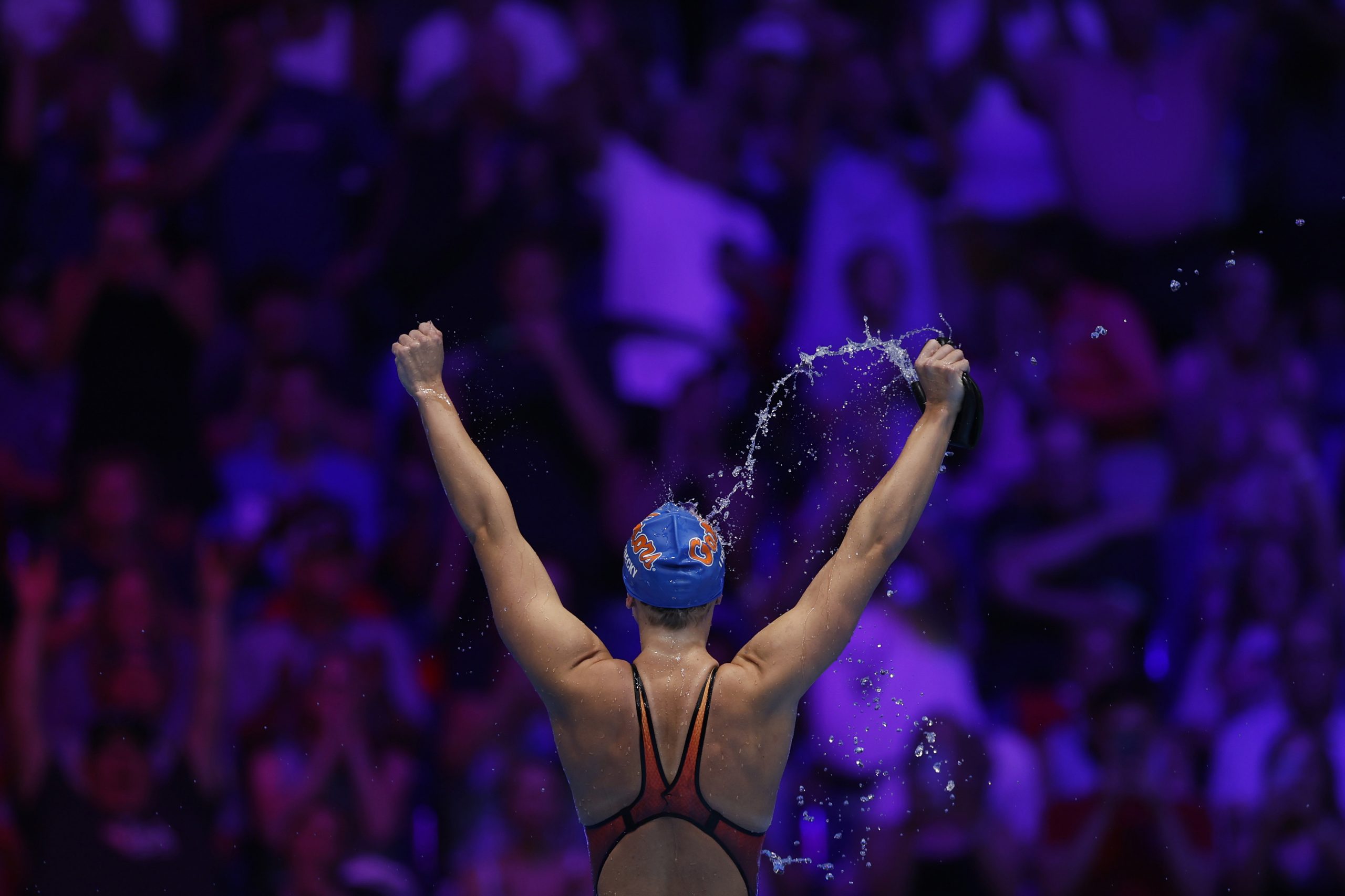 Katie Ledecky of the United States reacts after the Women's 400m freestyle final on Day One of the 2024 U.S. Olympic Team Swimming Trials at Lucas Oil Stadium on June 15, 2024 in Indianapolis, Indiana. (Photo by Sarah Stier/Getty Images)