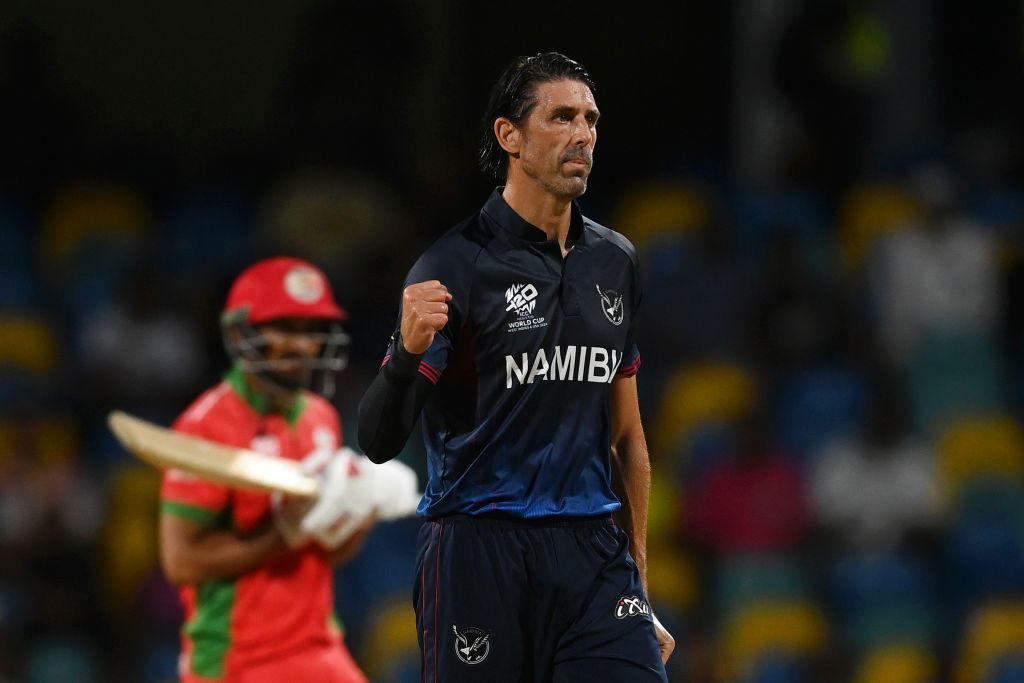 David Wiese of Namibia celebrates winning the super over at  the ICC Men's T20 Cricket World Cup.