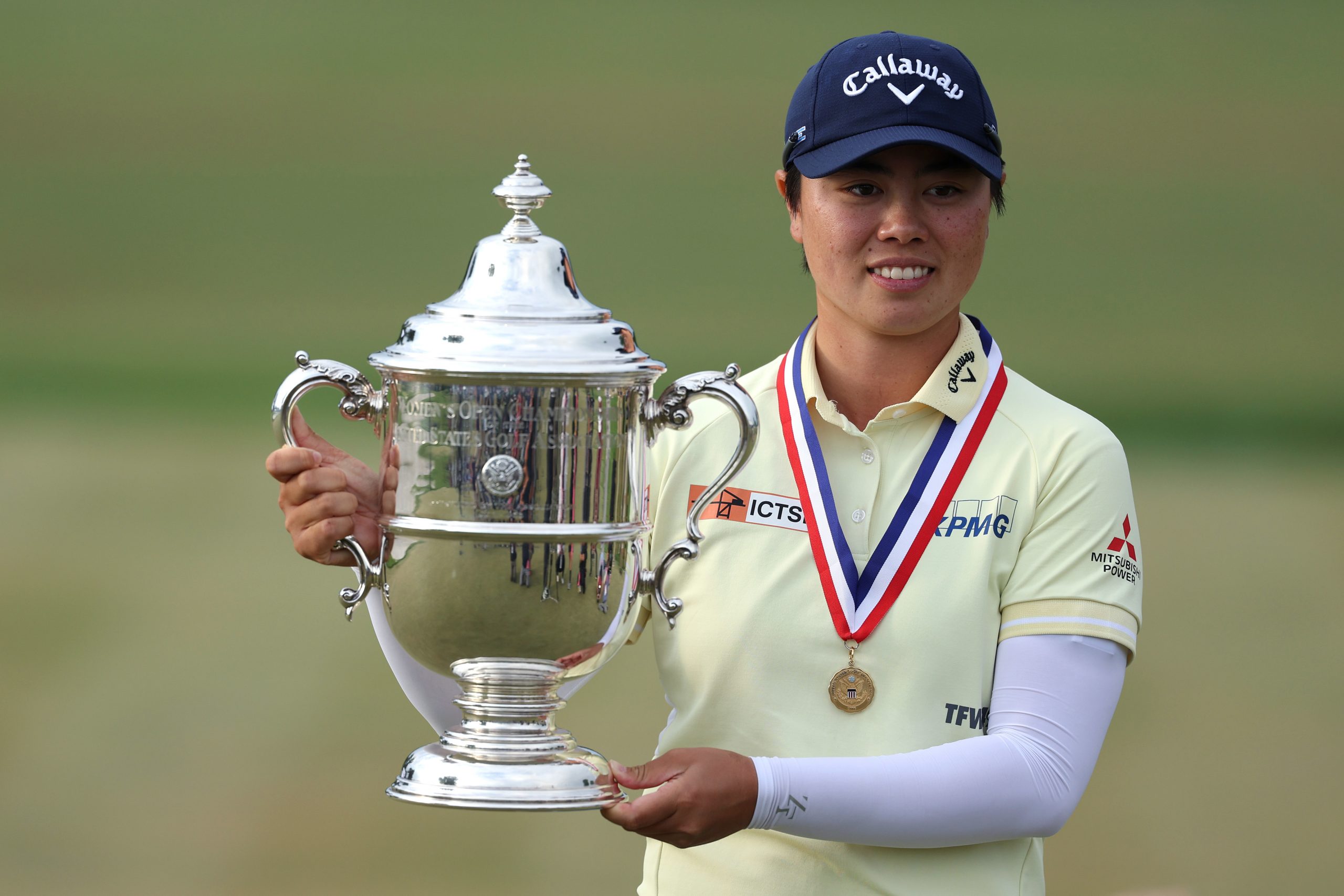 Yuka Saso of Japan poses for a photograph with the Harton S. Semple trophy following the final round of the U.S. Women's Open Presented by Ally at Lancaster Country Club on June 02, 2024 in Lancaster, Pennsylvania. (Photo by Patrick Smith/Getty Images)