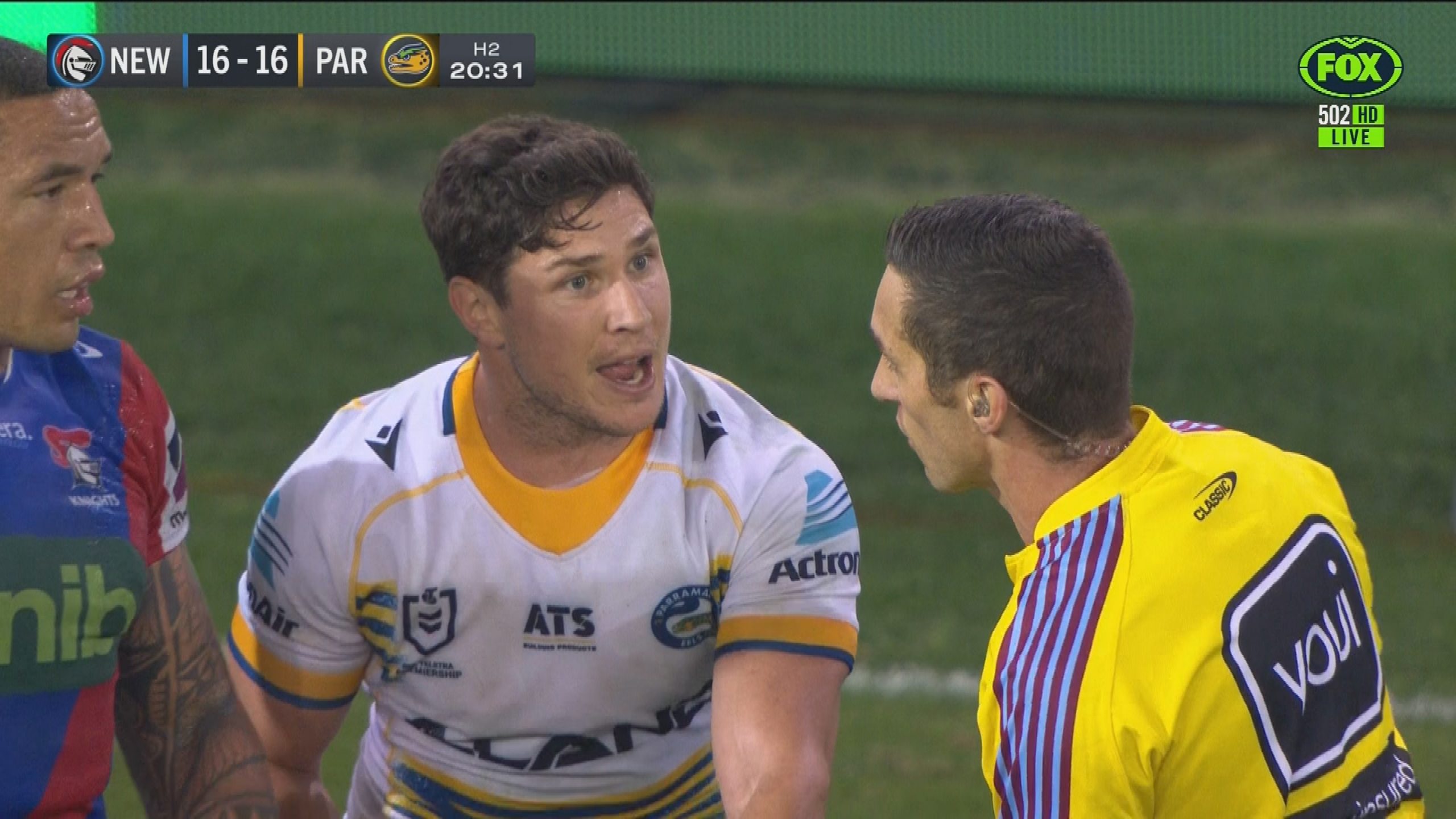 Blaize Talagi was denied a try by the Bunker, who judged he'd knocked on. Mitchell Moses couldn't believe the call.
