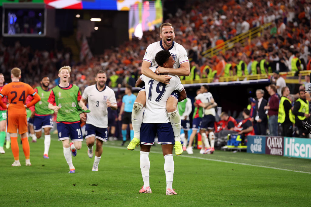 Ollie Watkins of England celebrates victory with Harry Kane after the UEFA EURO 2024 semi-final match between Netherlands and England at Football Stadium Dortmund on July 10, 2024 in Dortmund, Germany. (Photo by Alex Livesey/Getty Images)