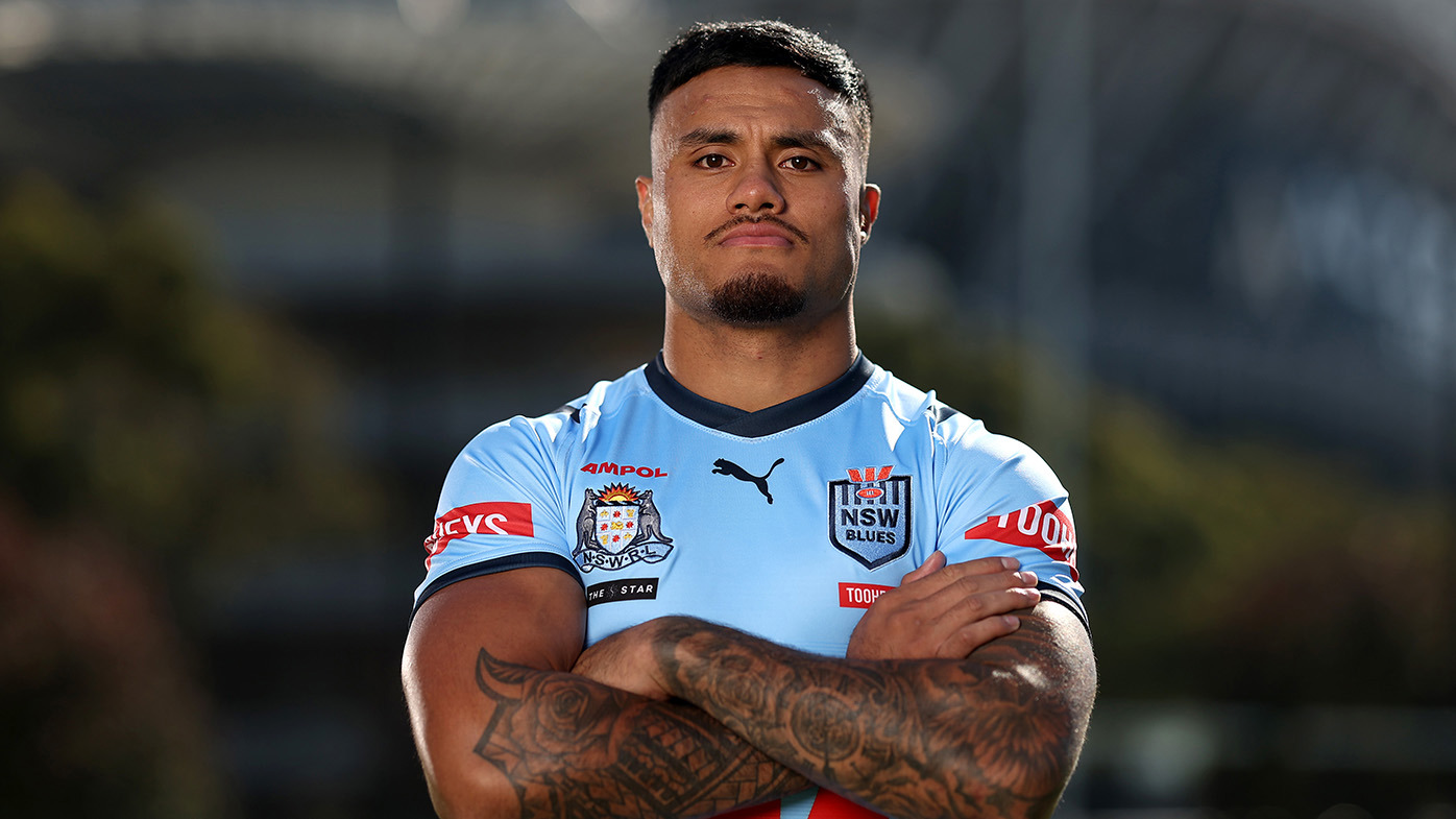 Spencer Leniu of the Blues poses during a New South Wales Blues State of Origin media opportunity at NSWRL Centre of Excellence on May 28, 2024 in Sydney, Australia. (Photo by Matt King/Getty Images)