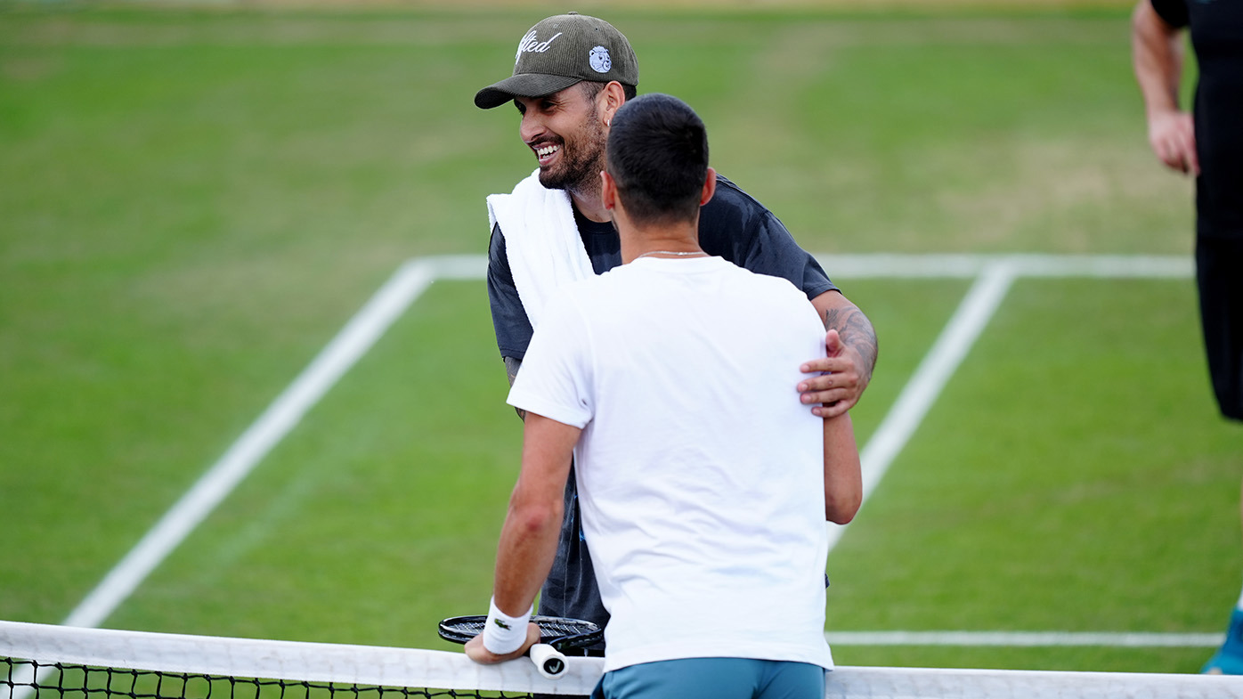 Nick Kyrgios training with Novak Djokovic Wimbledon on day eleven of the 2024 Wimbledon Championships at the All England Lawn Tennis and Croquet Club, London. Picture date: Thursday July 11, 2024. (Photo by Mike Egerton/PA Images via Getty Images)