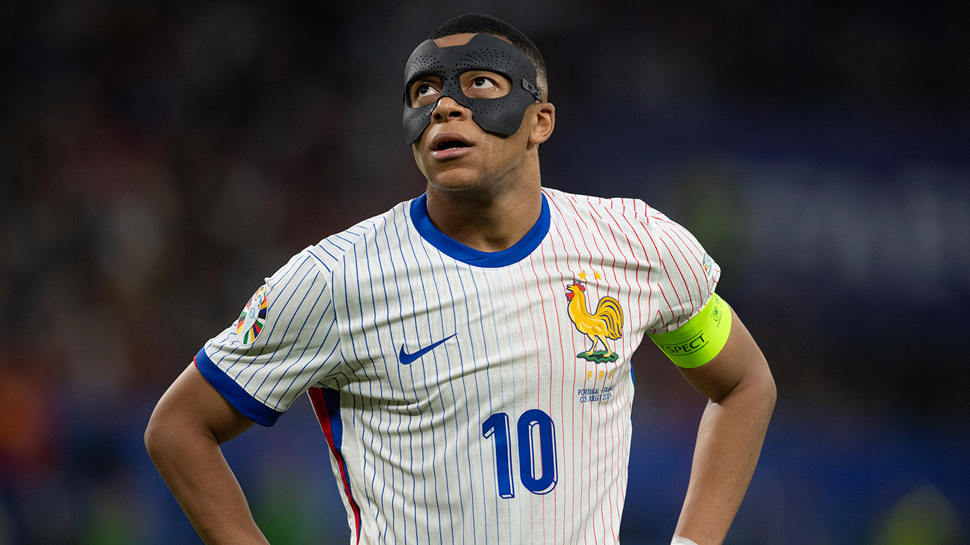 Kylian Mbappe of France looks on during the UEFA EURO 2024 quarter-final match between Portugal and France at Volksparkstadion on July 5, 2024 in Hamburg, Germany. (Photo by Joe Prior/Visionhaus via Getty Images)