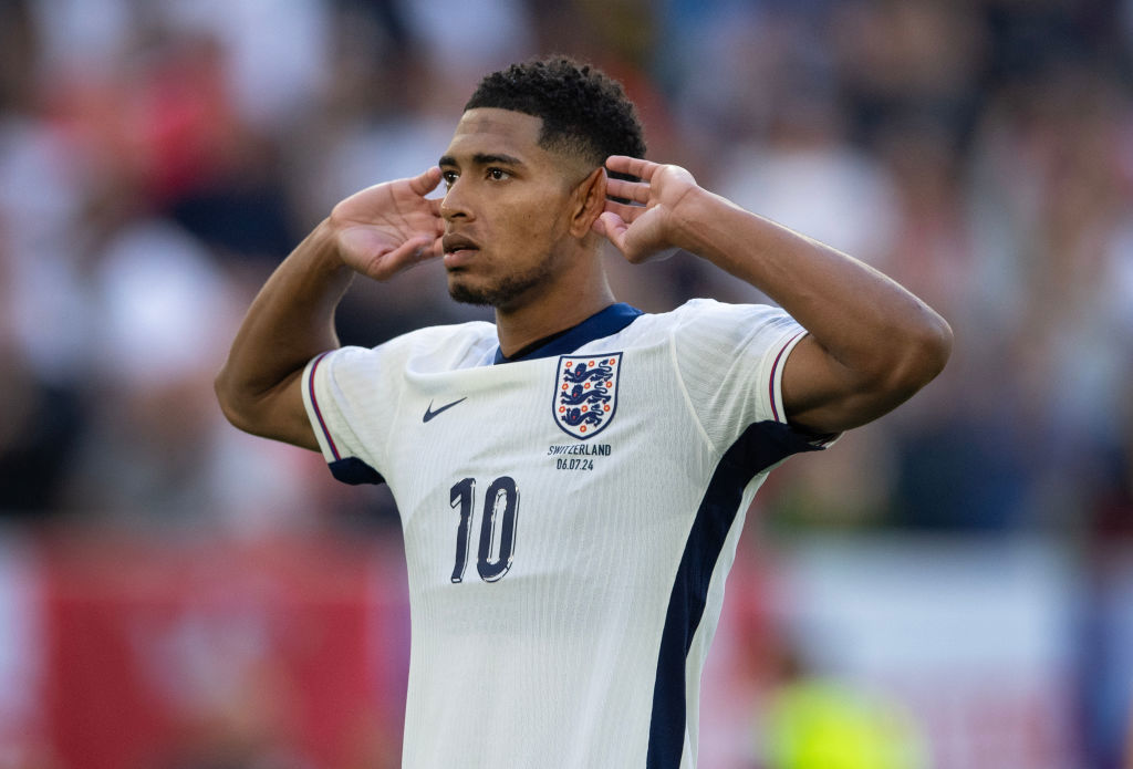 Jude Bellingham celebrates after scoring his penalty during the penalty shoot out of the UEFA EURO 2024 quarter-final match between England and Switzerland.