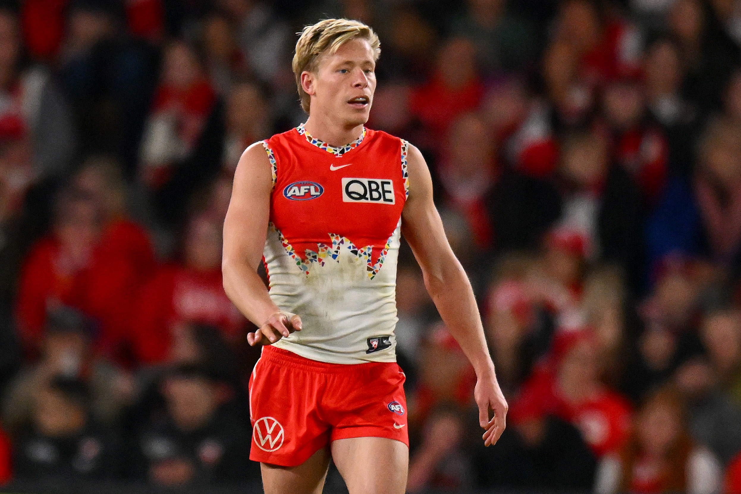 Isaac Heeney of the Swans watches on during the round 17 AFL match between St Kilda Saints and Sydney Swans.