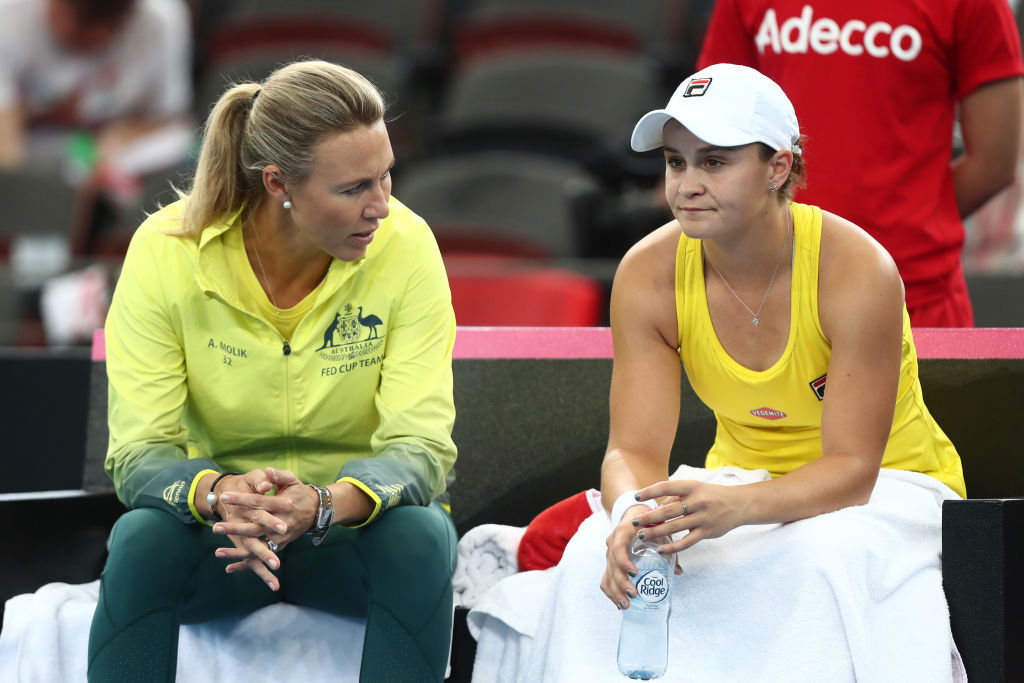 Ashleigh Barty and Australian Captain Alicia Molik at the Fed Cup World Group Semi Final - Australia v Belarus in 2019.