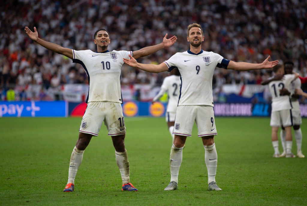 UEFA Euro 2024: England v Slovakia result. Jude Bellingham and Harry Kane celebrate the goal by Bellingham.