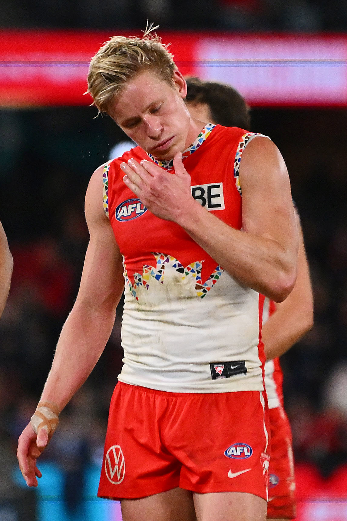 Isaac Heeney of the Swans reacts following their loss to St Kilda.