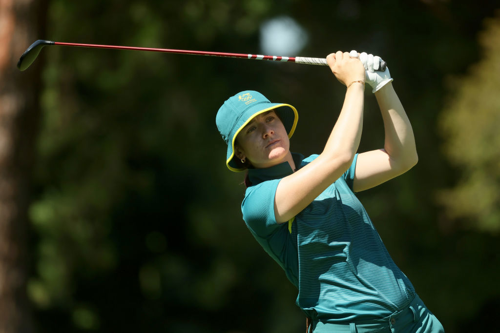 Hannah Green of Team Australia plays her shot from the fourth tee in Tokyo at the 2020 Olympic Games.